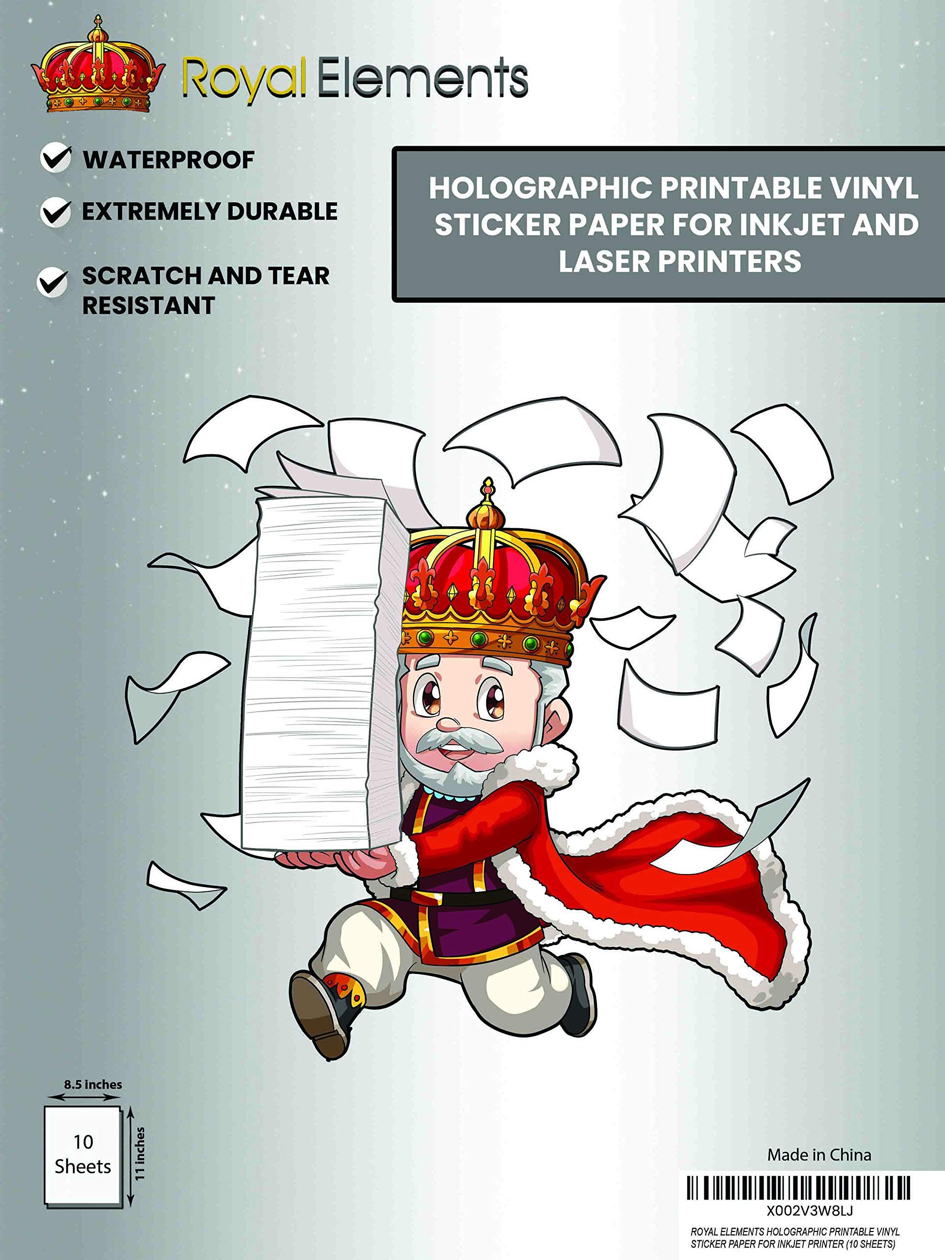 Royal Elements Printable Holographic Vinyl Sheets - Waterproof Sticker Paper for Inkjet & Laser Printers | 10 Rainbow Color Sheets | Perfect for DIY Crafts, Scrapbooking & Decorative Projects