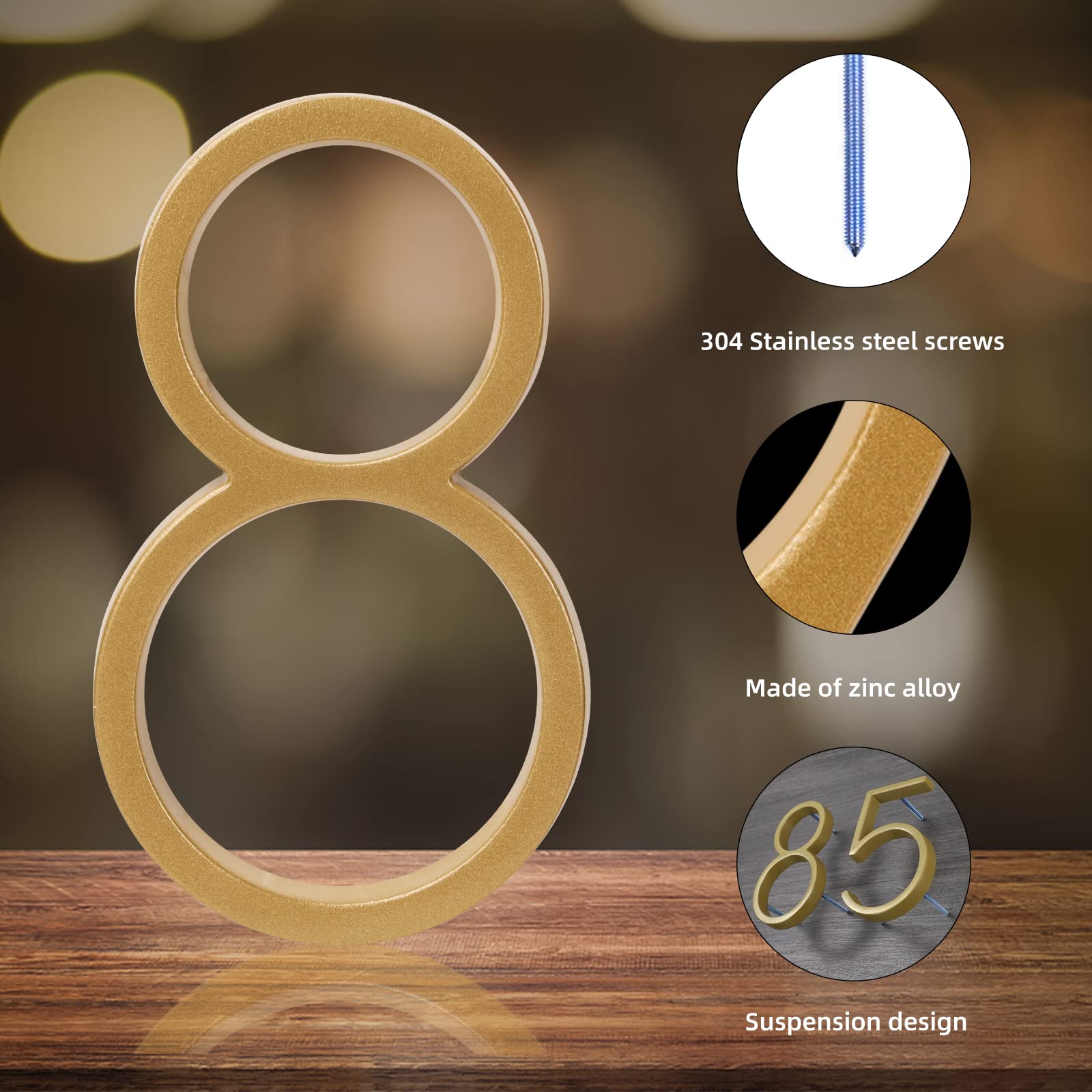 Modern Floating House Numbers 5 Inch - Deamos Zinc Alloy Reflective Address Plaque for Home (Gold Finish, Floating/Flush Mount) - Perfect for Mailbox, Front Door & Driveway Visibility [Number 8]