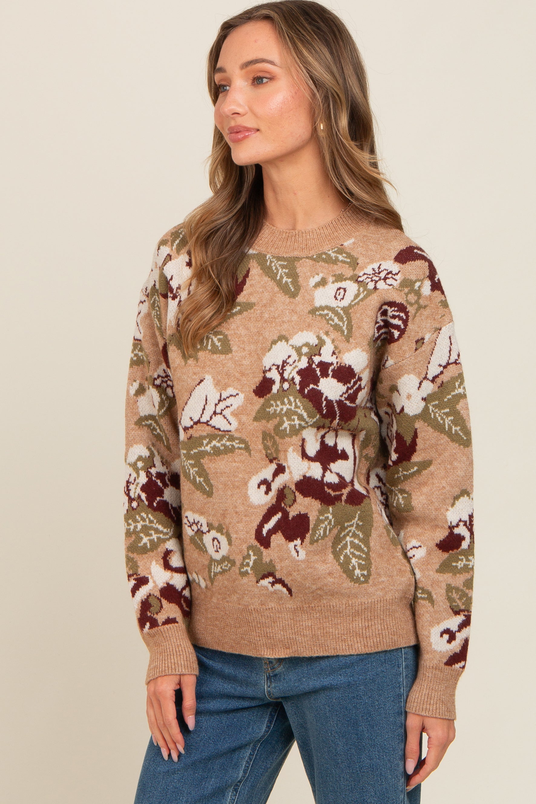 Beige Floral Print Crew Neck Sweater for Women - Soft Knit Pullover Top for Fall & Winter - Casual Office Wear & Weekend Outfits