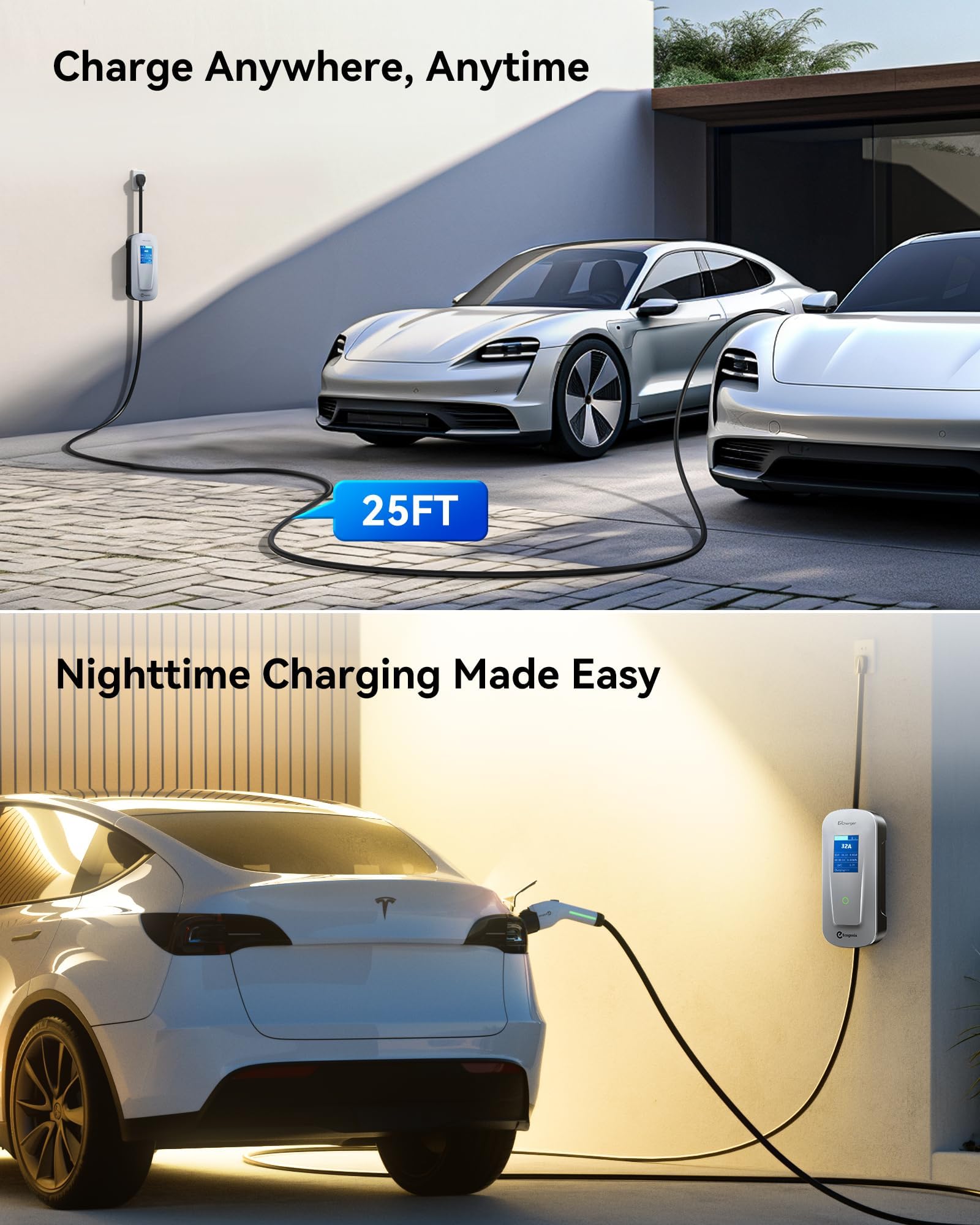 Fast Tesla Level 2 Charger (32Amp, NEMA 14-50P) with 25ft Cable - Adjustable Current, Timed Charging & Big-Screen Friendly | Home & Portable NACS Charger for Tesla Model Y/3/X/S/Cybertruck | Perfect for Home Charging, Road Trips & Daily Commutes