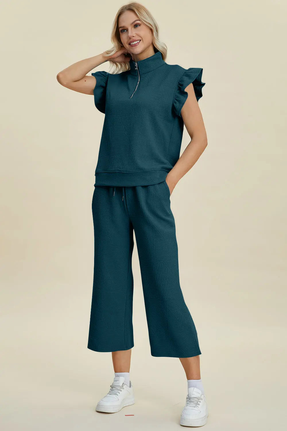 Double Take Women's Full Size Textured Ruffle Short Sleeve Top & Wide Leg Pants Set | Casual Outfit for Summer, Beach, Date Night & Office Wear
