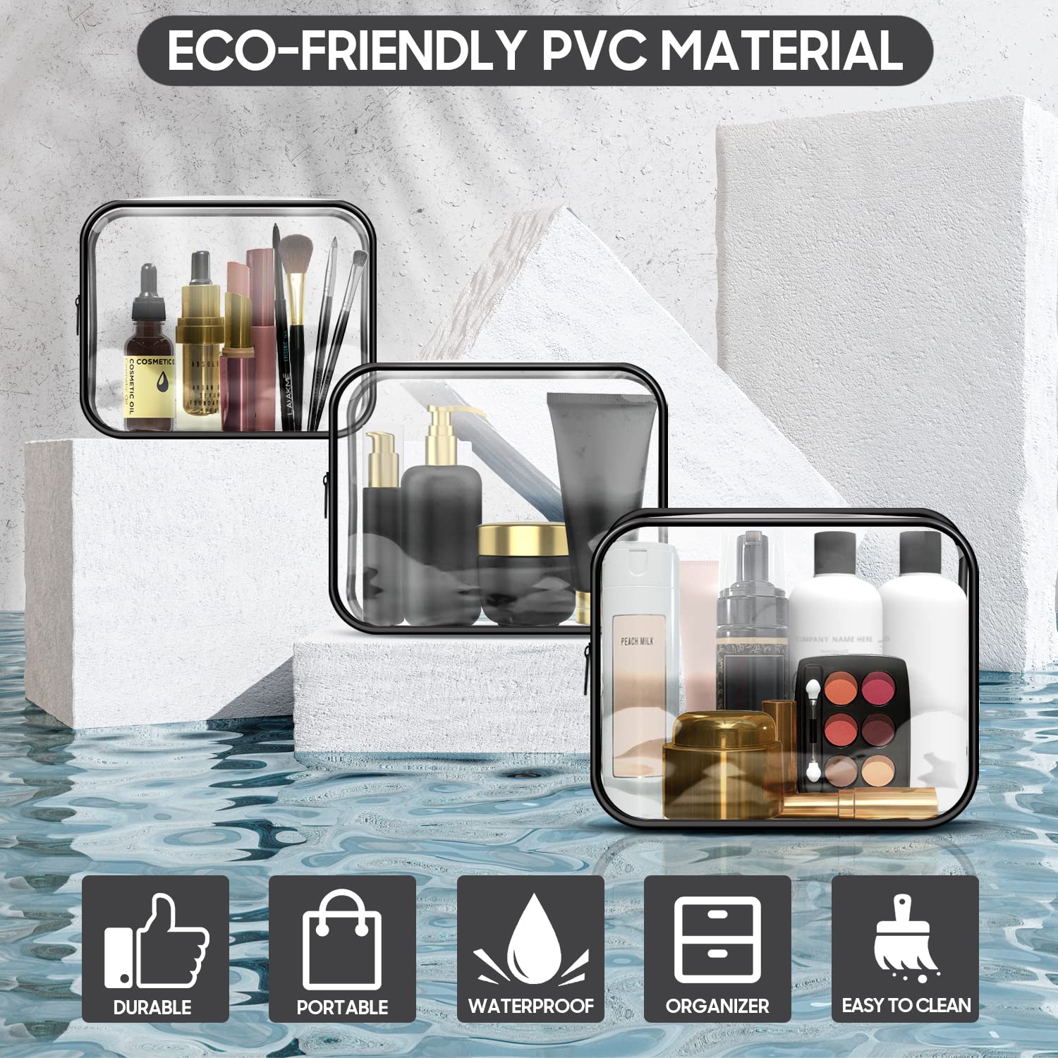 SLIJAR 3-Piece Clear Travel Toiletries Bag Set - Waterproof PVC Cosmetic & Makeup Organizer for Women & Men - Perfect for Air Travel, Vacation & Daily Use