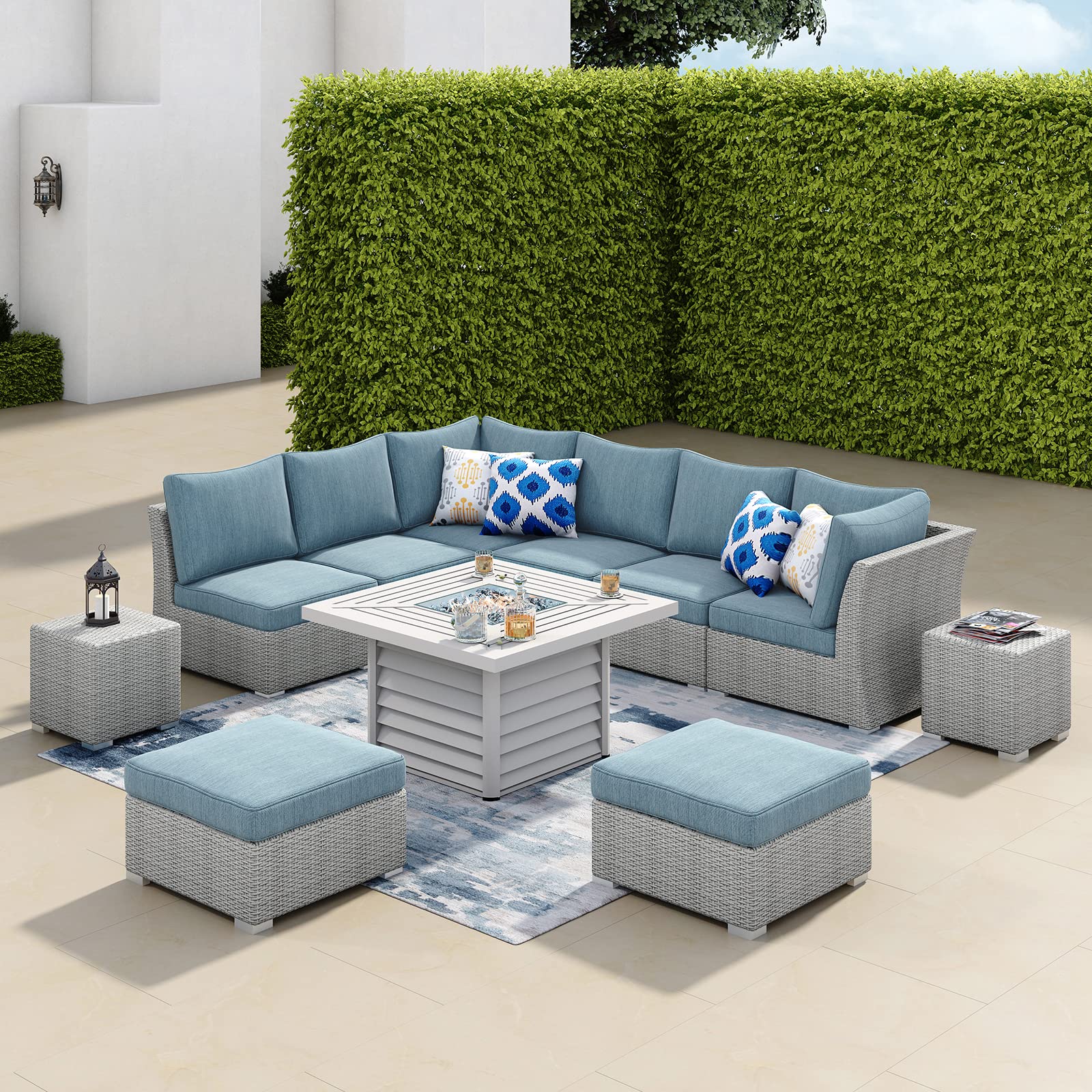 11-Piece Large Outdoor Patio Furniture Set with Fire Pit Table - 8-Seater All-Weather Wicker Conversation Set (6 Sofa Seats, 2 Ottomans & 2 Coffee Tables) for Backyard, Deck, Garden & Poolside Relaxation