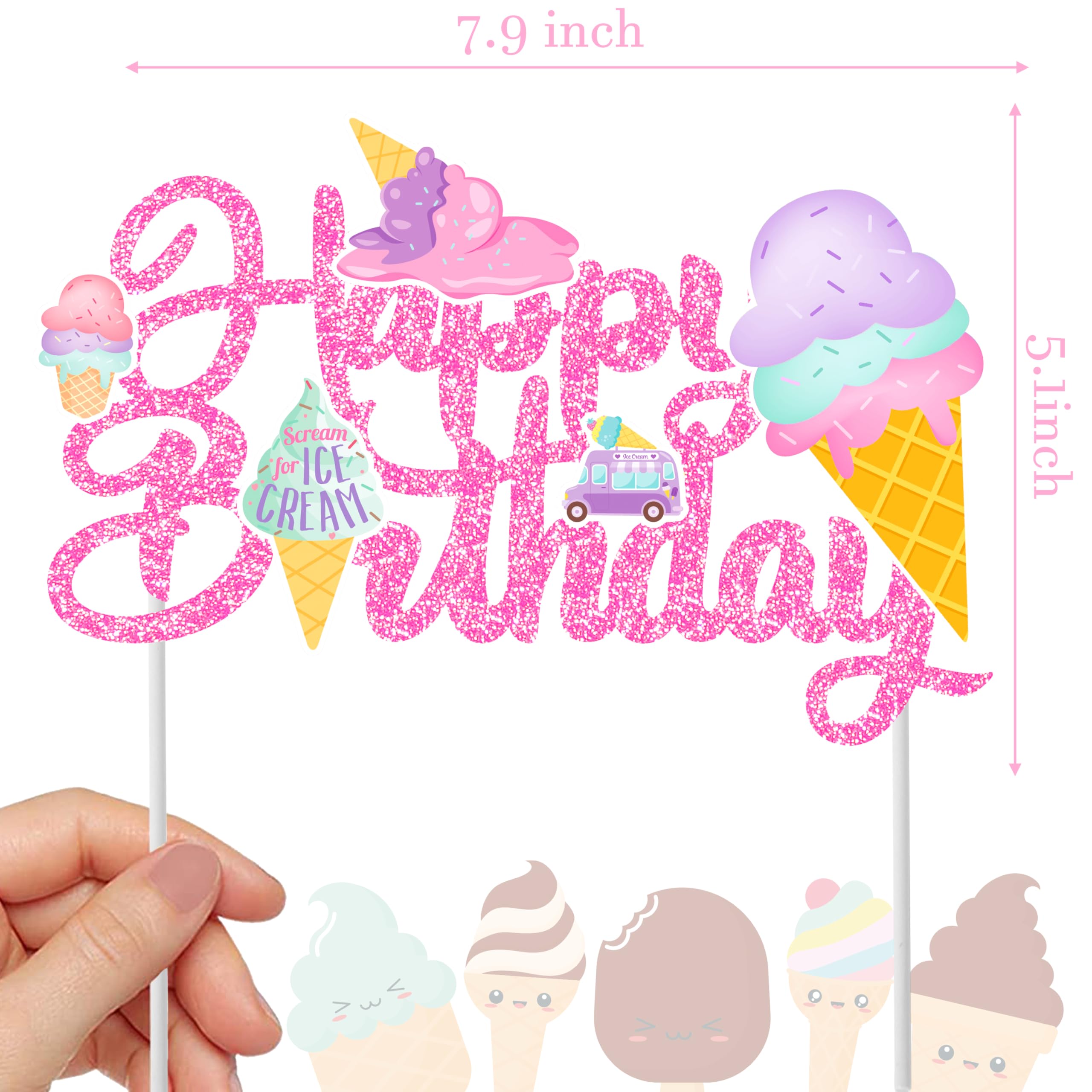 Pink Glitter Ice Cream Cake Topper - Happy Birthday Party Decorations for Kids, Boys & Girls | Ice Cream Themed Birthday Cake Decor & Summer Party Supplies | Perfect for Birthday Cakes, Cupcakes & Ice Cream Themed Parties