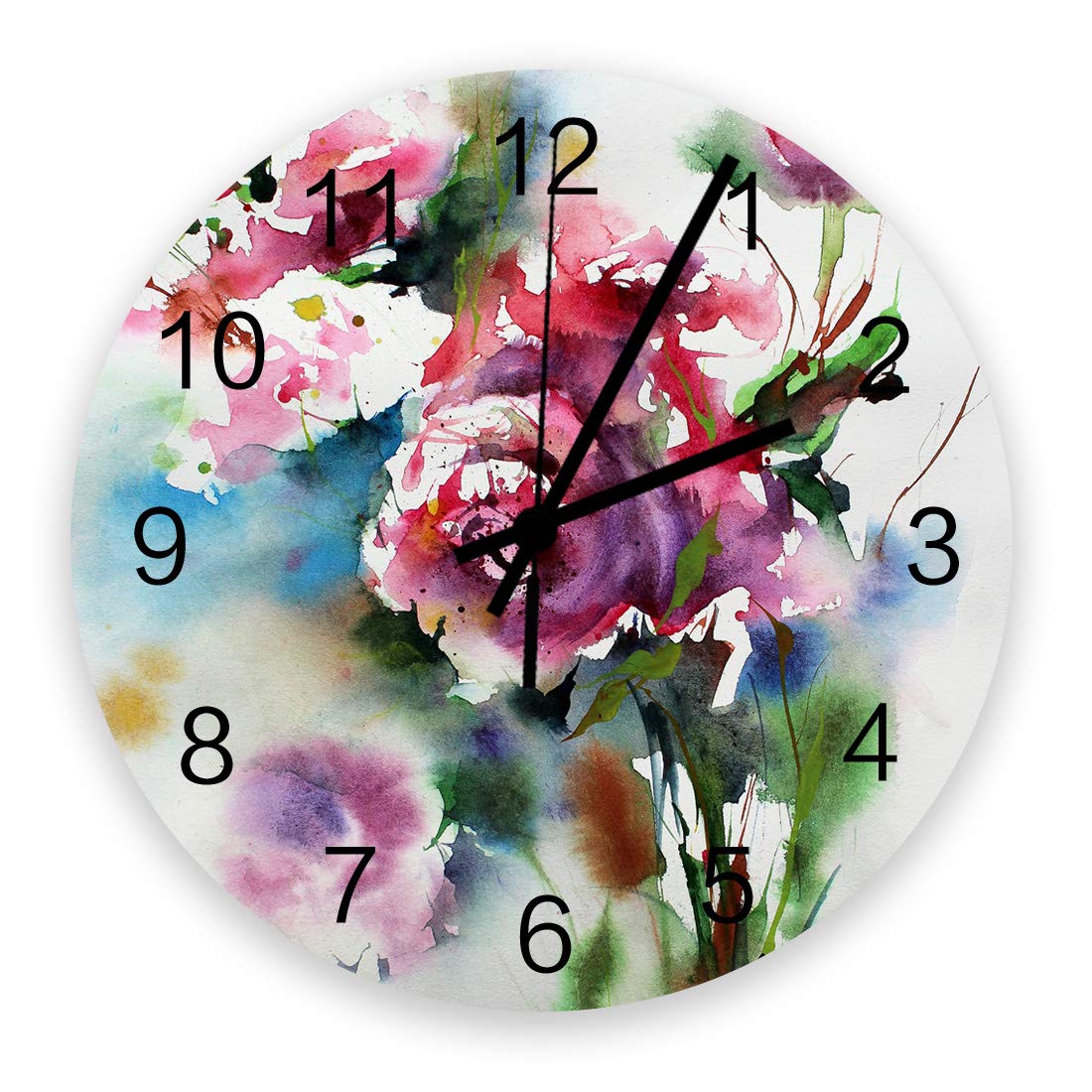 12 Inch Watercolor Flower Wooden Wall Clock - Silent Non-Ticking Battery Operated, Pink Rose Abstract Floral Design for Living Room, Bedroom & Office Decoration | Home & Office Decor Gift Idea