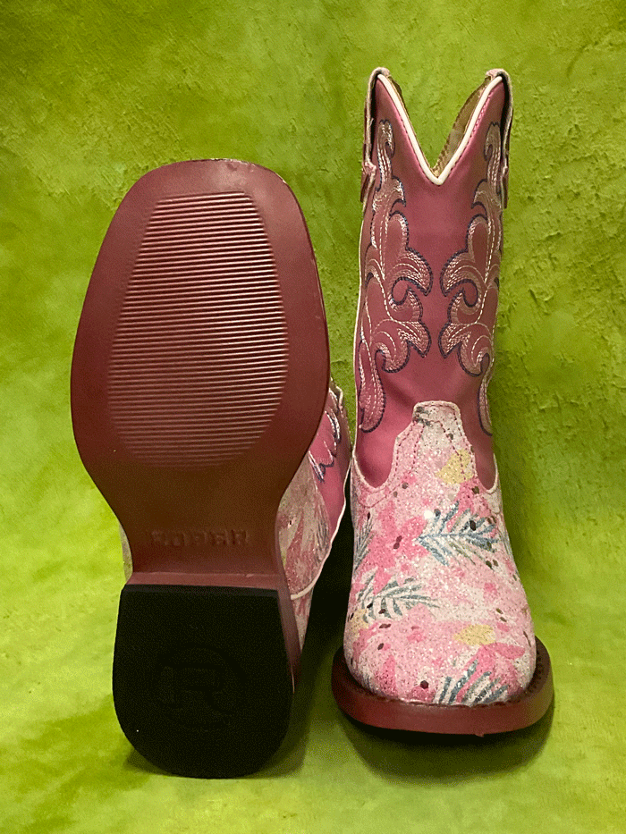 Roper Kids Glitter Floral Boots - Pink Cowgirl Boots for Girls, Sparkly Western Booties with Floral Design | Perfect for Dress Up, Parties & School Events