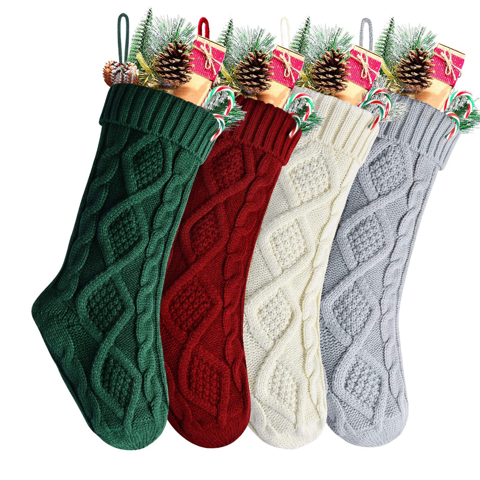 4-Pack 18 Inch Knit Christmas Stockings - Burgundy, Green, Ivory & Gray Holiday Decorations for Fireplace Mantel, Gift Exchange & Festive Home Decor