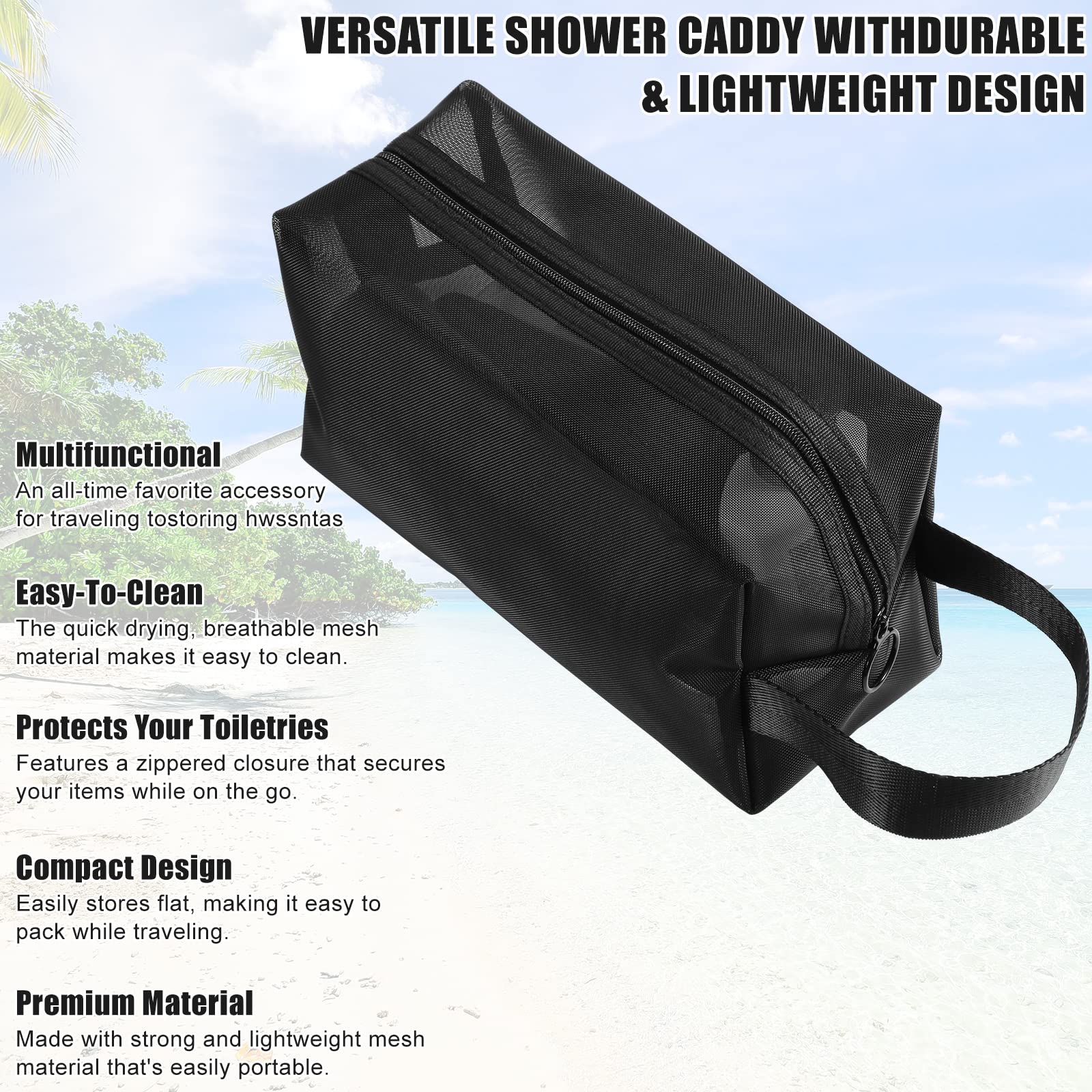 LUTER Black Mesh Shower Caddy - Portable Zippered Toiletry Bag for Travel & Bathroom Organization