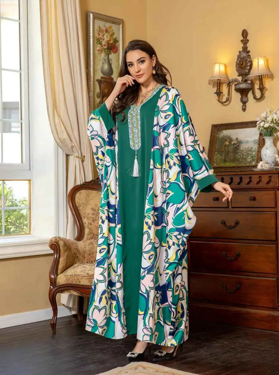 Elegant Eid Dress with Batwing Sleeves & Rhinestone Embellishments - Farasha Caftan Kaftan Jalabiya Dress for Women | Perfect for Eid Celebrations, Weddings & Special Occasions