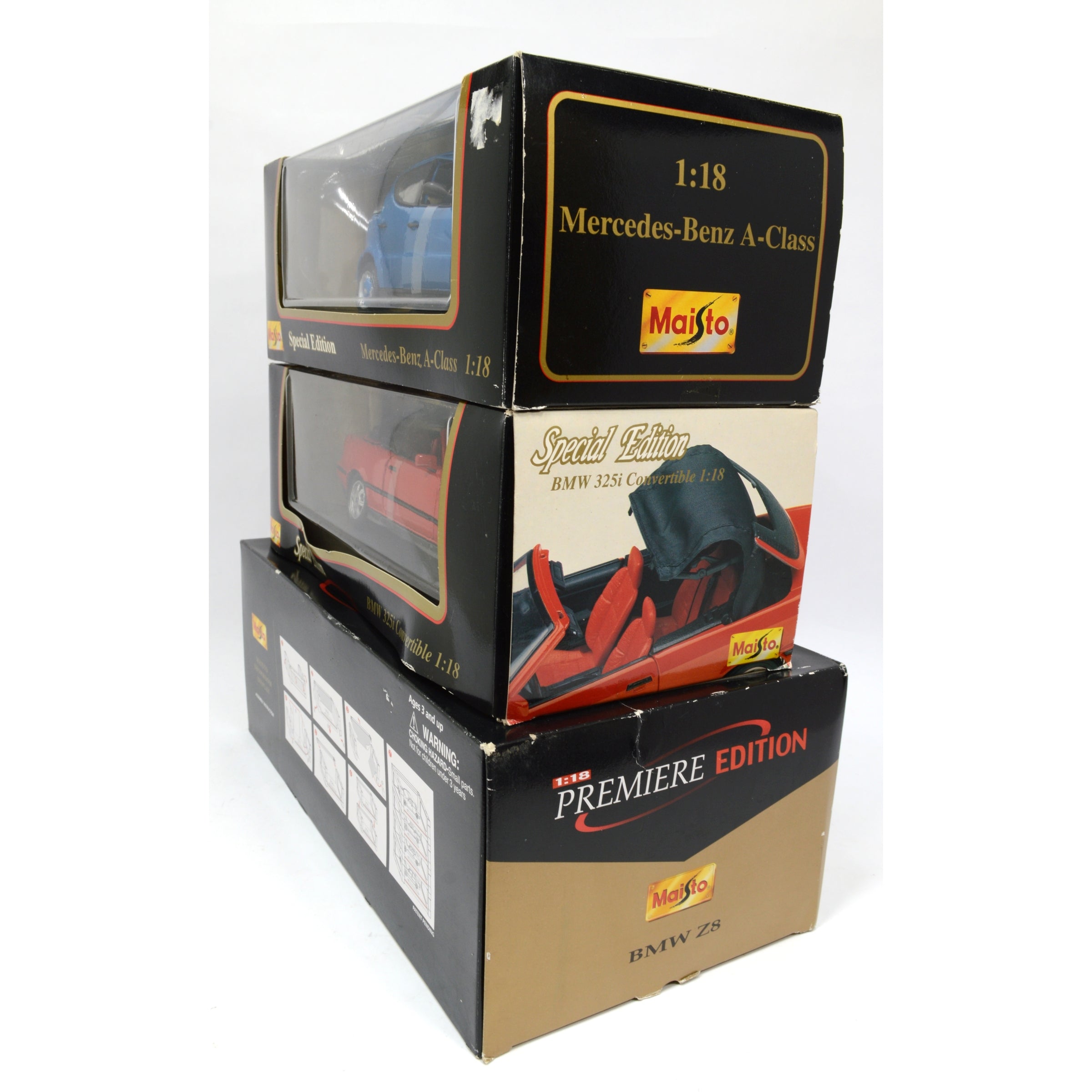 3-Piece Maisto Diecast Car Collection - 1:18 Scale BMW Z8, 325i Convertible & Mercedes A-Class - Premium Model Cars for Display, Collecting & Gifting