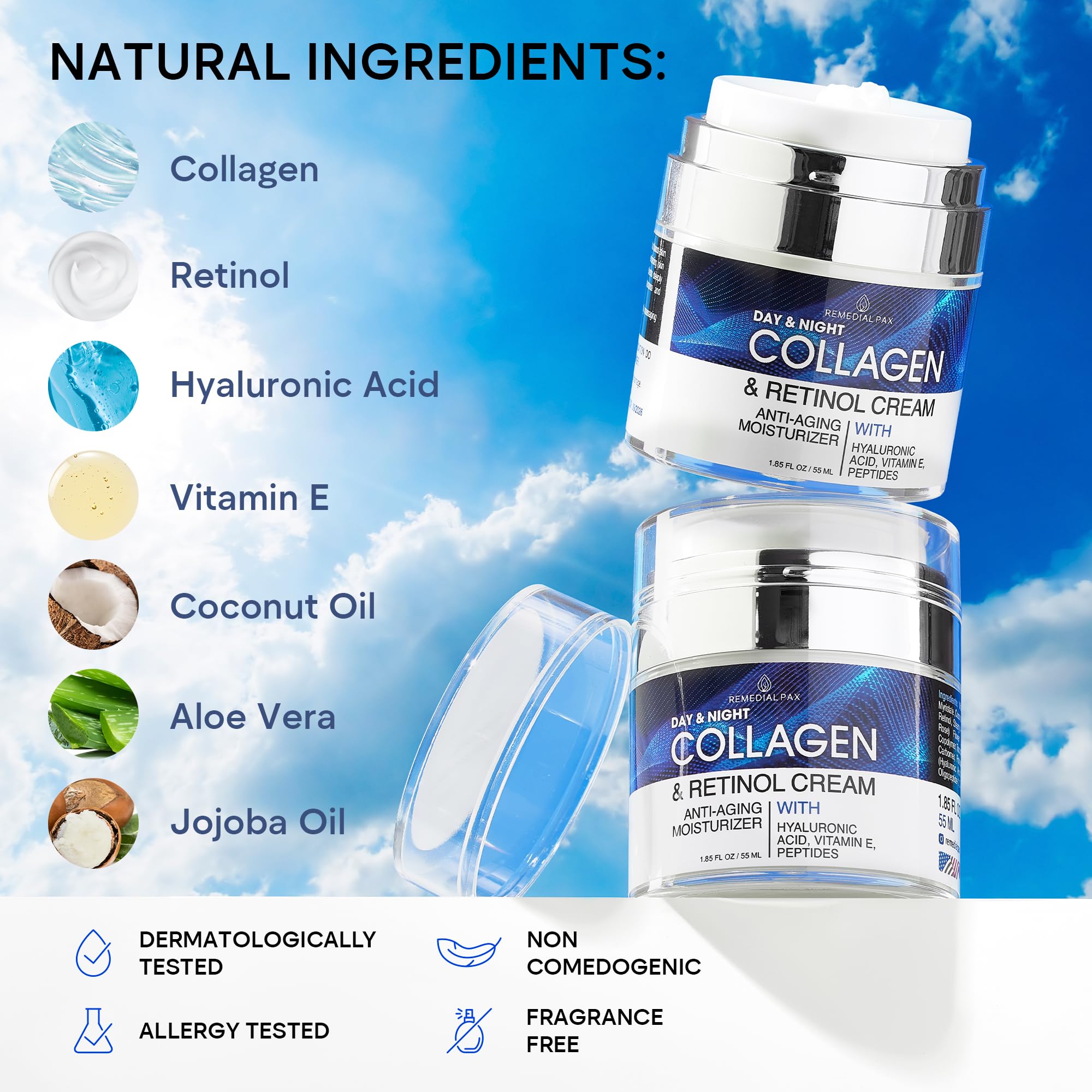 REMEDIAL PAX Collagen Cream with Retinol & Hyaluronic Acid - Anti-Aging Day & Night Face Moisturizer for Women & Men | Hydrating Facial Lotion to Reduce Wrinkles & Fine Lines | Perfect for Dry Skin Care Routine & Daily Hydration