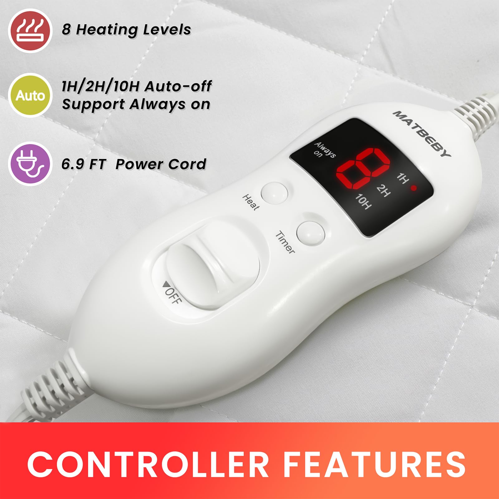 Electric Heated Mattress Pad Full Size - 8 Heat Settings & 4 Auto Shut Off - UL Certified Deep Pocket Bed Warmer - Machine Washable White - Perfect for Cold Nights & Winter Comfort