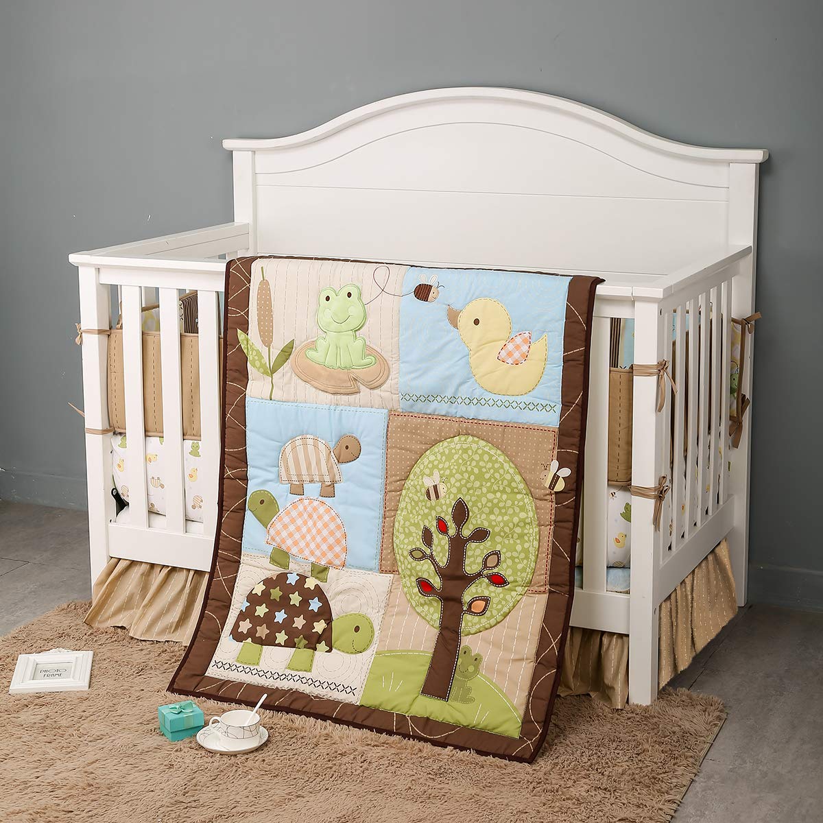 **CribMATE 7-Piece Baby Crib Bedding Set - Green Frog, Turtle & Duck Nursery Theme for Boys - Soft Cotton, 28