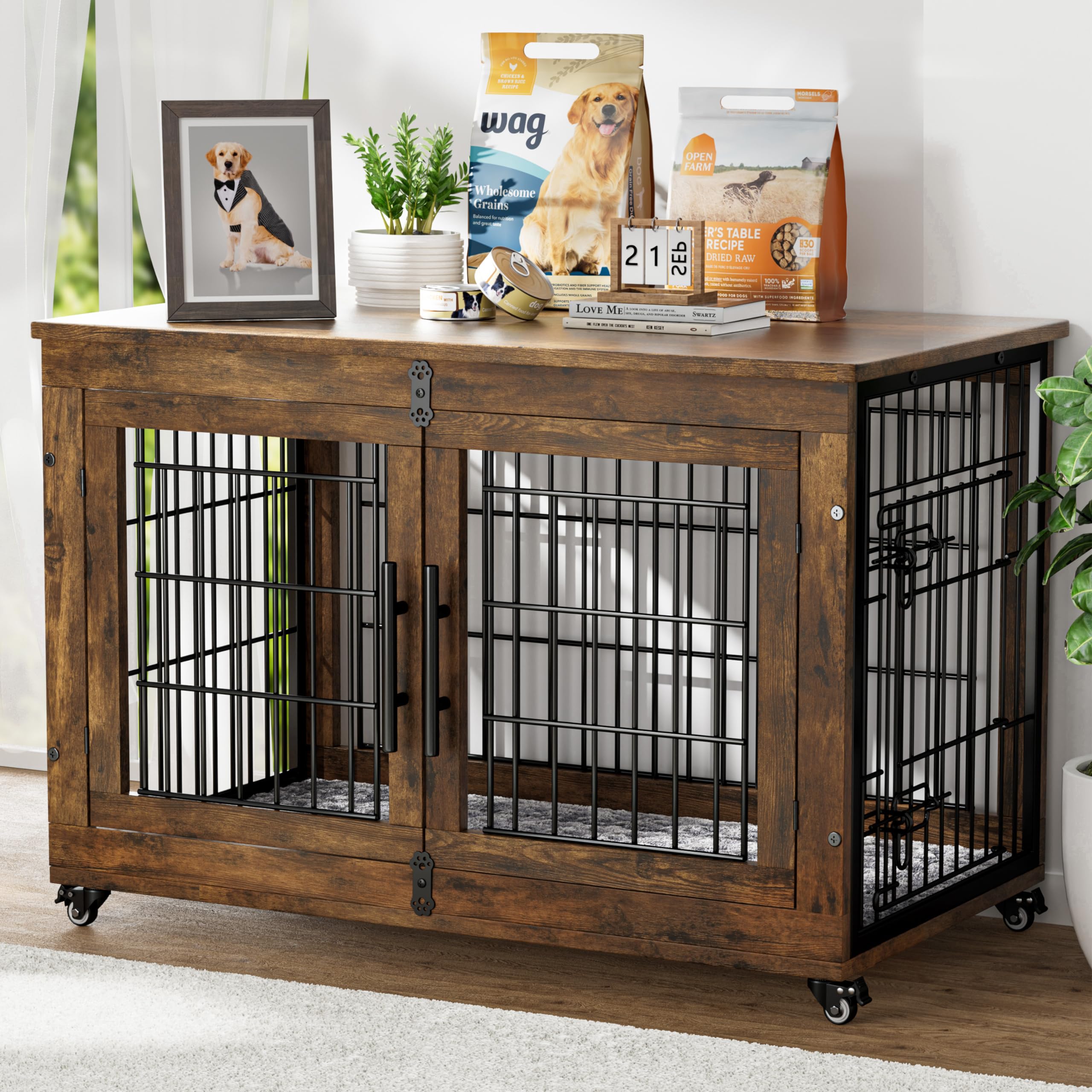 Rustic Brown Large Wooden Dog Crate Furniture with Cushion - 38.5