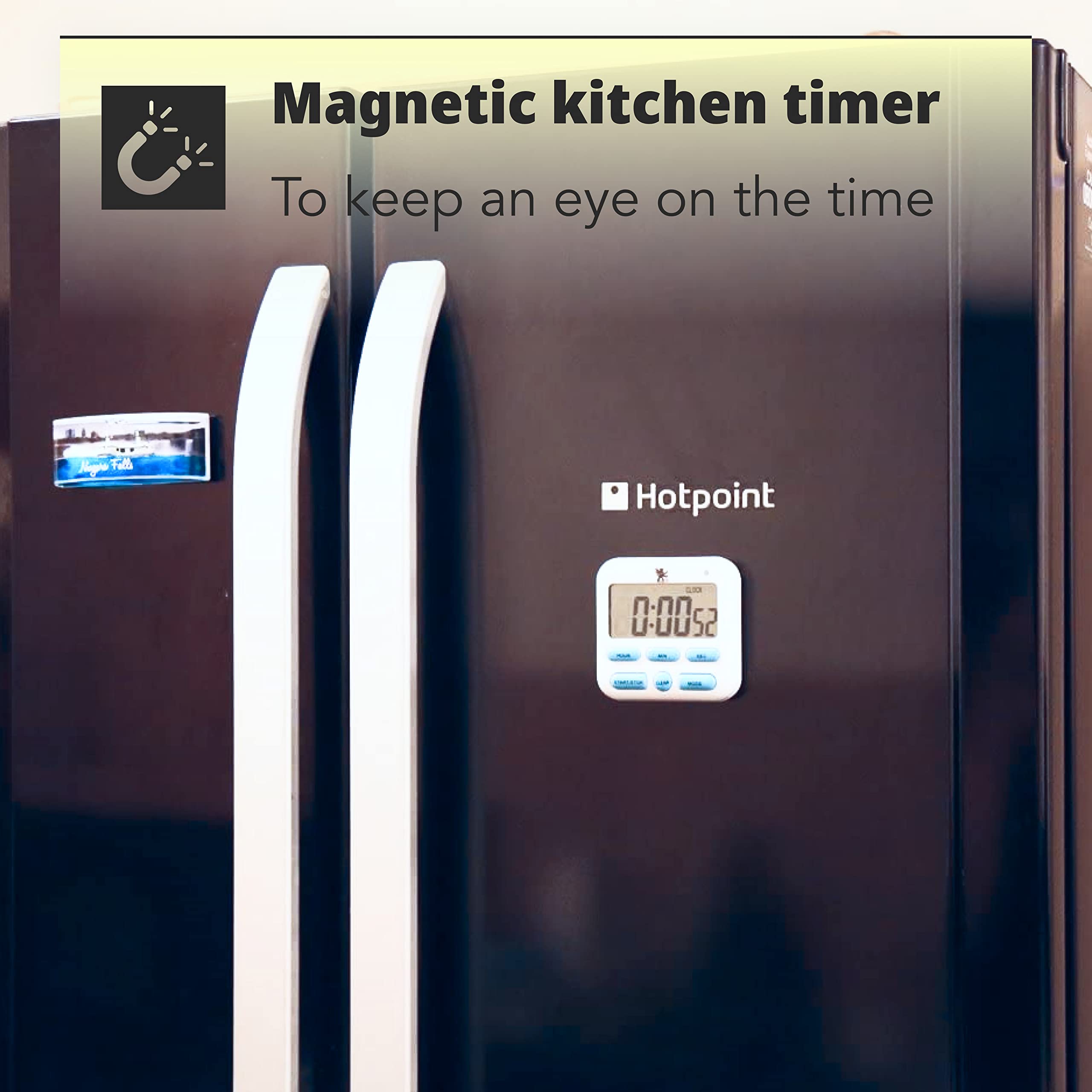 H&S Magnetic Digital Kitchen Timer & Alarm Clock - Large LCD Display, Loud Alarm, Magnetic Stand - Perfect for Cooking, Baking, Classroom Countdown, and Office Use - Includes AAA Battery (White)