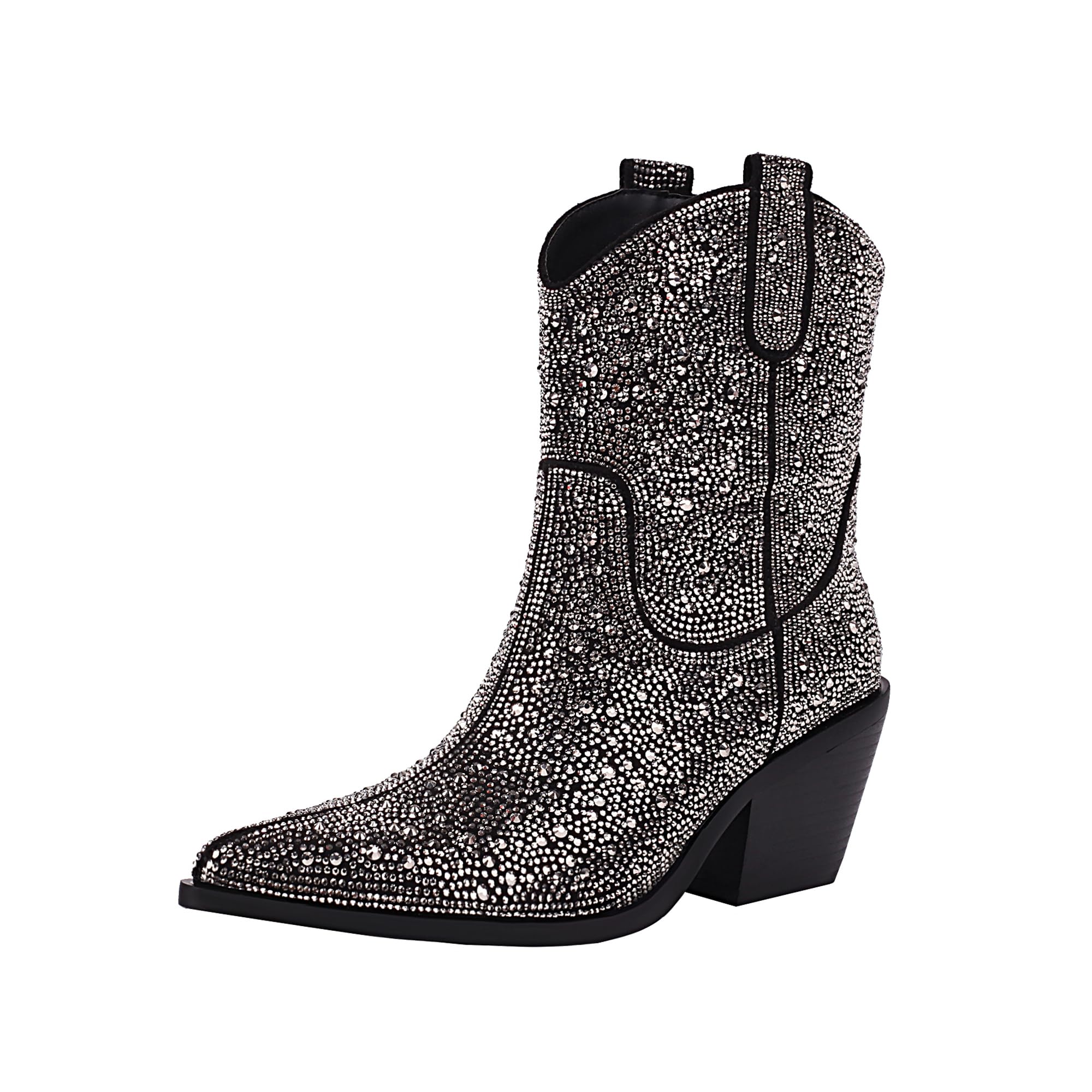 Vivianly Rhinestone Cowboy Boots for Women - Western Glitter Ankle Boots, Cowgirl Boots with Sparkling Diamonds | Pointed Toe & Chunky Heel Mid Calf Boots | Perfect for Country Concerts, Line Dancing & Western Fashion