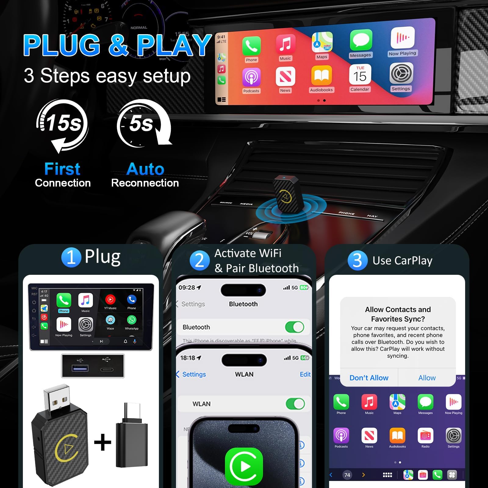 2024 Wireless CarPlay & Android Auto Adapter - Mini Plug & Play USB/USB-C Dongle for iPhone & Android - Convert Wired to Wireless CarPlay in Cars 2016+ with Low Latency - Perfect for Commuting, Road Trips & Hands-Free Driving