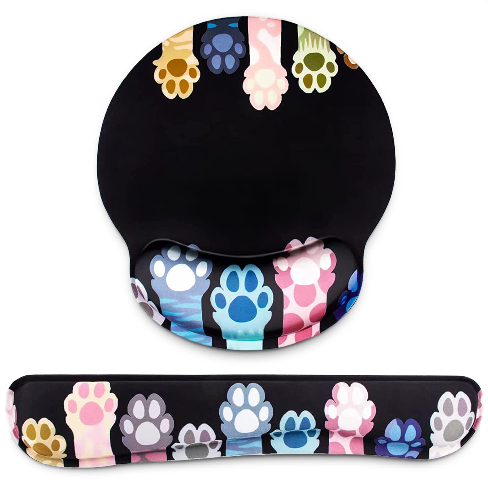 Ergonomic Mouse Pad with Memory Foam Wrist Support - Black Computer Keyboard Wrist Rest for Office & Gaming - Pain Relief Mouse Pad for PC, Laptop - Cute Cat Paw Design for Home & Work Use - Perfect for Long Hours Typing, Gaming & Computer Work