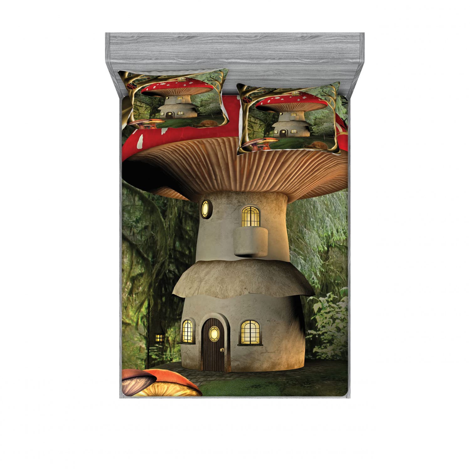 Ambesonne 2-Piece Queen Size Fitted Sheet Set with 4 Pillow Shams - Mushroom Magic Forest Pattern in Red, Pale Coffee & Green | Soft Bedding Decor for Guest Rooms, Kids' Bedrooms & Cozy Cabins