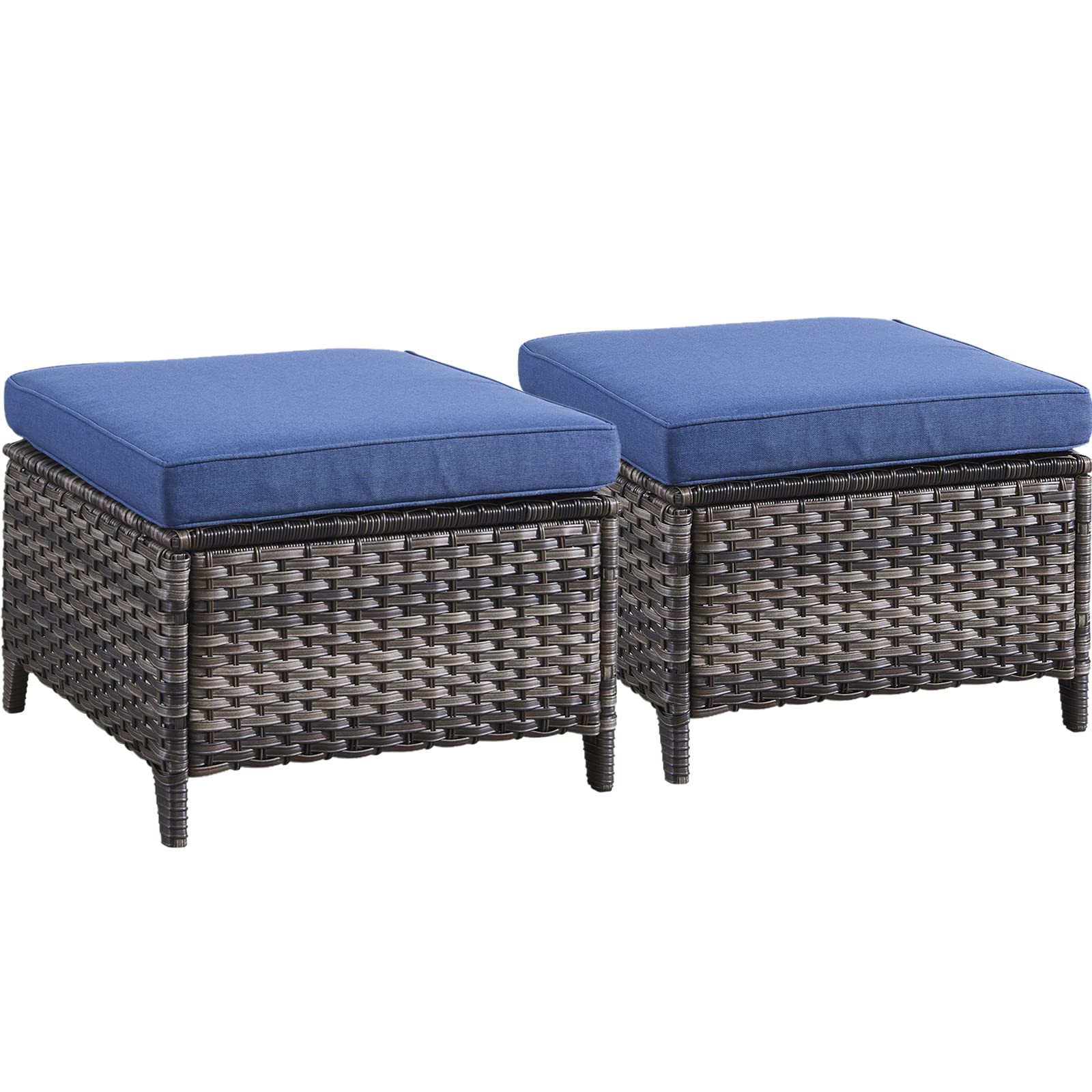 All-Weather Outdoor Furniture Ottoman Set of 2 - Patio Seating Footstool with Soft Cushions, Rattan Wicker Design - Perfect for Garden, Deck, Poolside & Backyard Relaxation