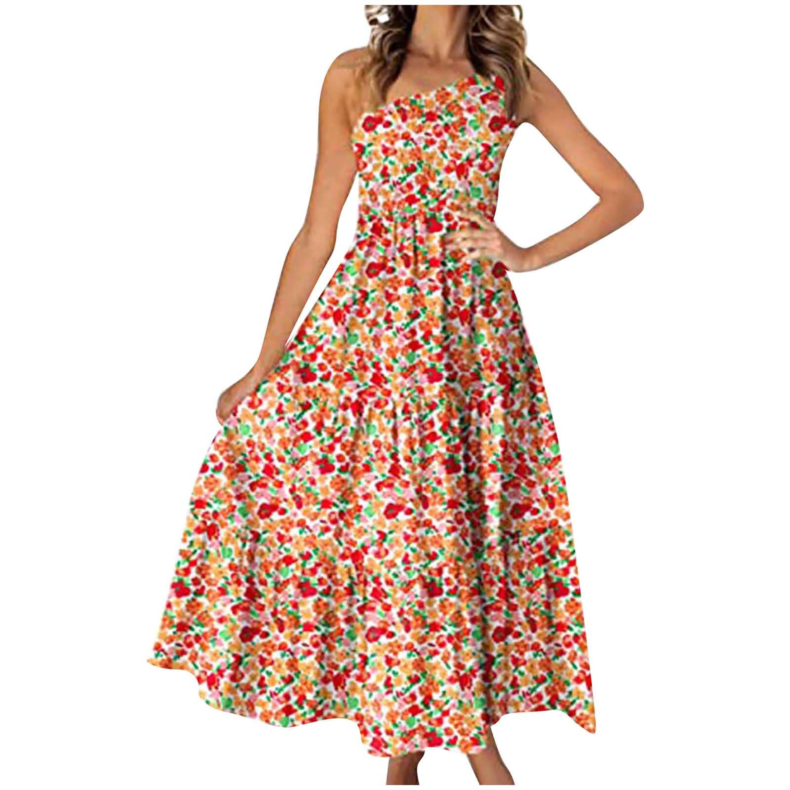 Women's Summer Maxi Dress - Casual Boho/Bohemian Sleeveless One Shoulder Smocked Tiered Long Beach Sun Dress | Perfect for Beach Vacations, Music Festivals & Summer Outings