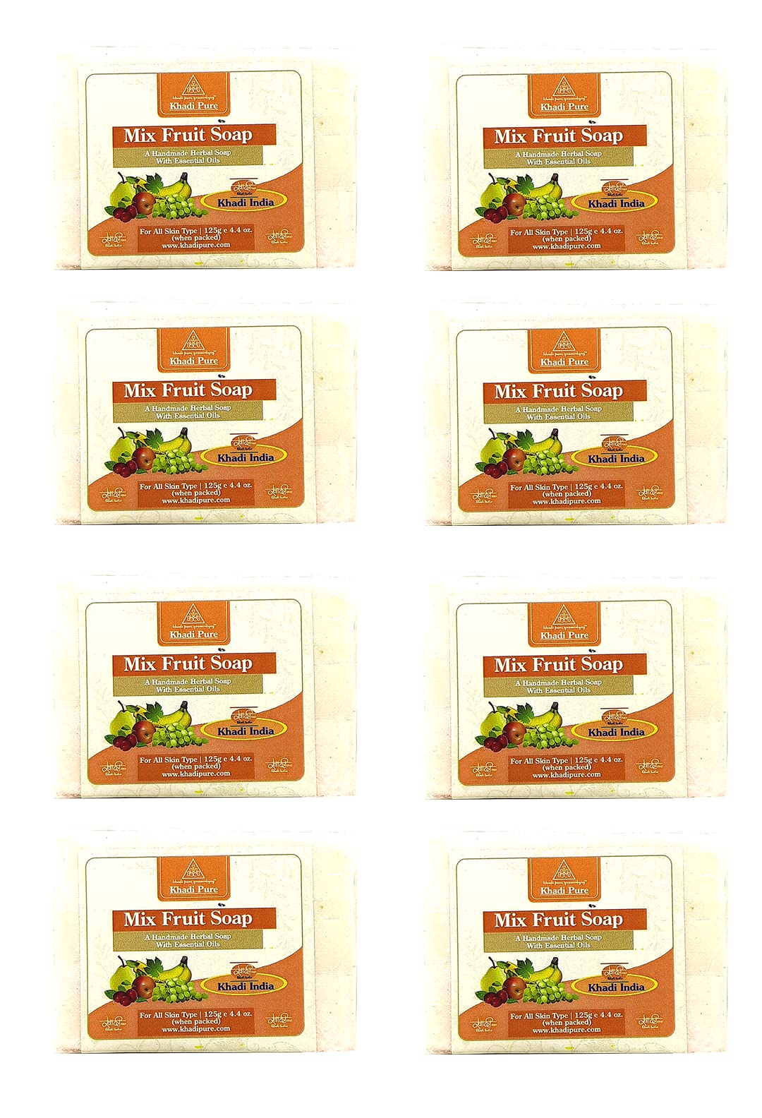 Khadi Pure Herbal Mix Fruit Soap - 8 Pack (1000g) | Natural Ayurvedic Skincare for Face & Body | Perfect for Dry Skin, Sensitive Skin & Daily Cleansing