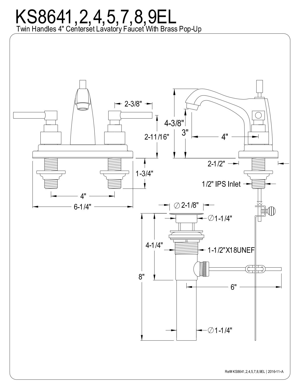Kingston Brass KS8648EL Elinvar 4-Inch Brushed Nickel Center Set Bathroom Faucet with Pop-Up Drain - Perfect for Modern Bathroom Vanities and Sink Upgrades