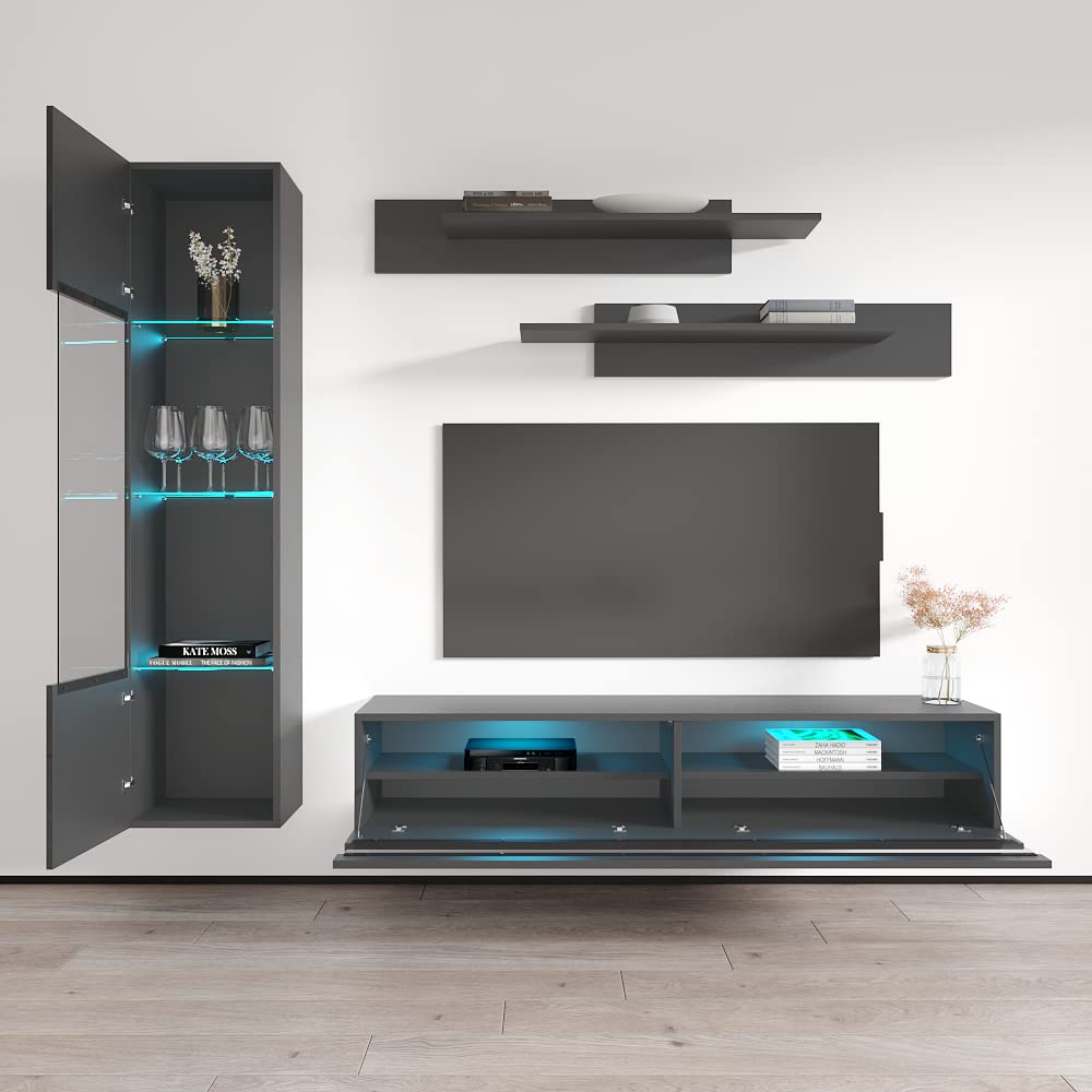 Modern Gray Wall-Mounted TV Stand with Storage Shelves & LED Lights - Meble Fly G35 Entertainment Center for Living Room & Bedroom - Space-Saving Media Console for Small Apartments & Home Theaters