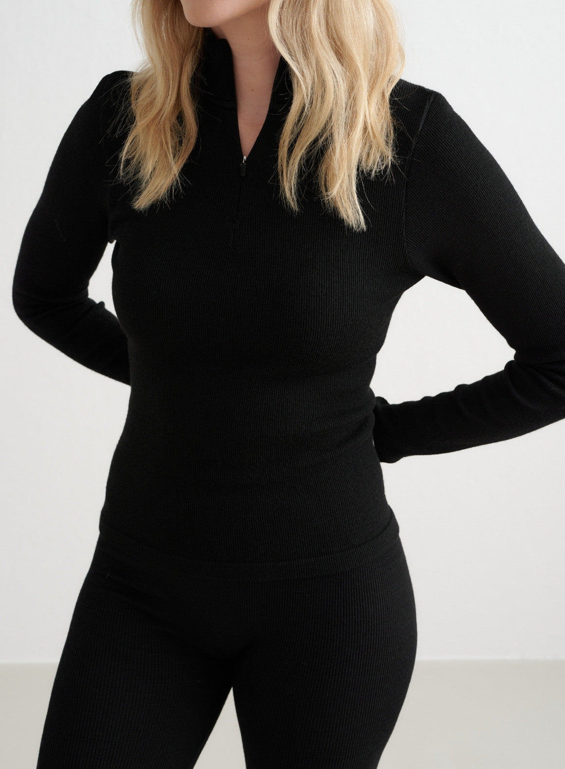Black Ribbed Wool Sweater Set with Half Zip Top - Cozy Winter Outfit for Women | Perfect for Casual Wear, Office & Outdoor Activities