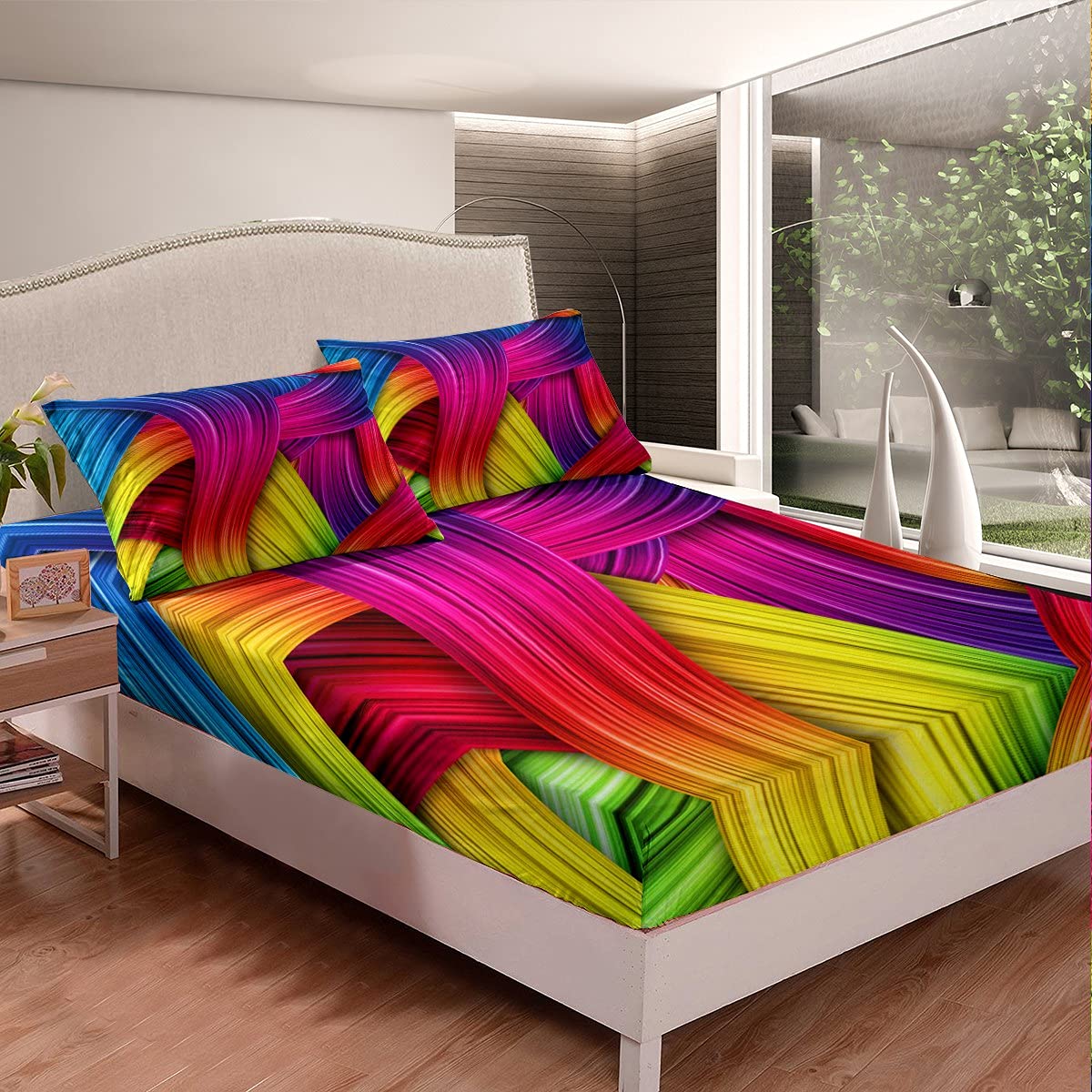 Erosebridal Rainbow Fitted Sheet - Modern Abstract Art Queen Size Bedding Set with Watercolor Painting Design | Iridescent Bed Sheets for Kids, Boys, Girls & Adults | Perfect for Bedroom Decor, Dorm Rooms & Guest Rooms
