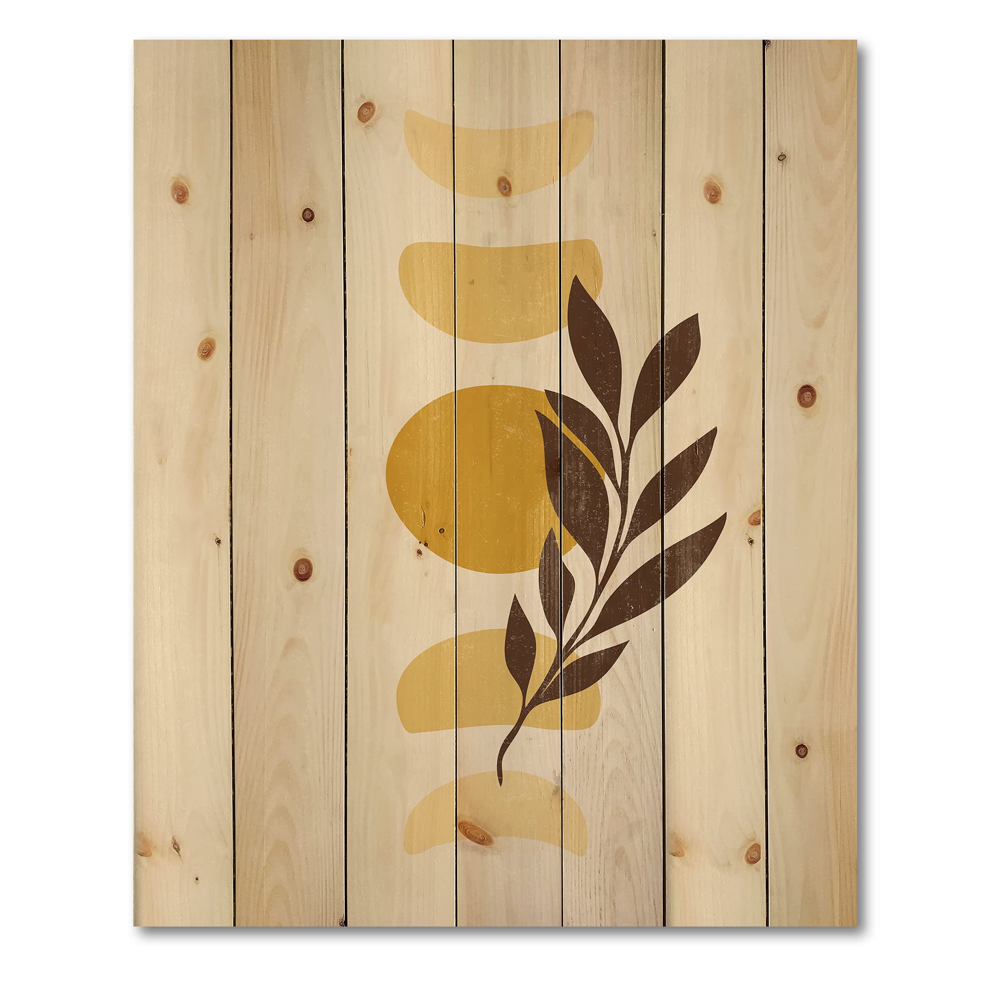 Abstract Geometric Sun and Moon with Leaf VII Modern Wood Wall Art - Yellow Floral Wood Wall Decor, Large Pine Wood Panel Print for Living Room, Bedroom & Office