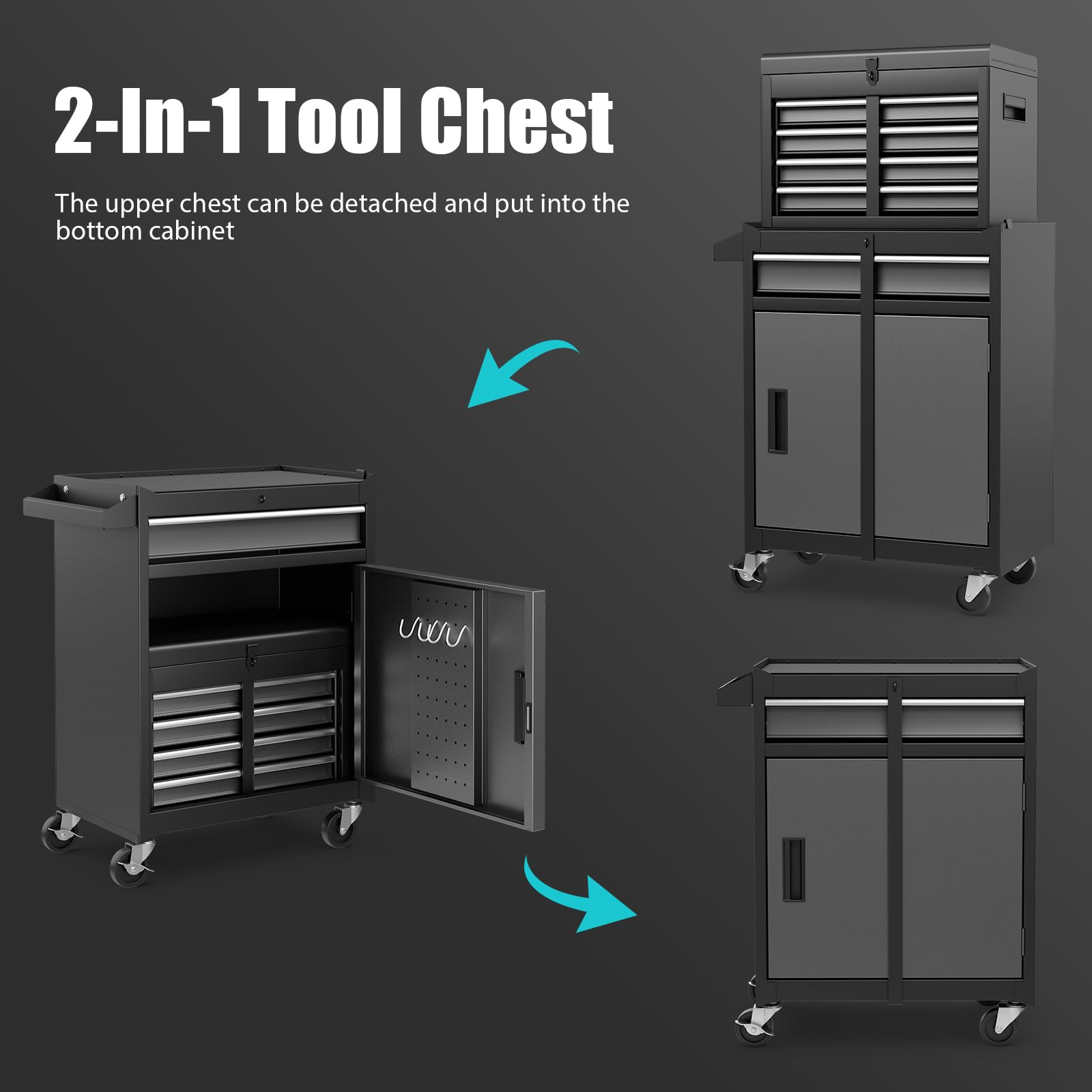 5-Drawer Rolling Tool Chest with Wheels - Heavy Duty Tool Storage Cabinet, Adjustable Shelf & Anti-Slip Liner - Garage Tool Organizer for Workshop, Warehouse & DIY Projects - Perfect for Mechanics, Carpenters & Home Improvement (Gray+Black)
