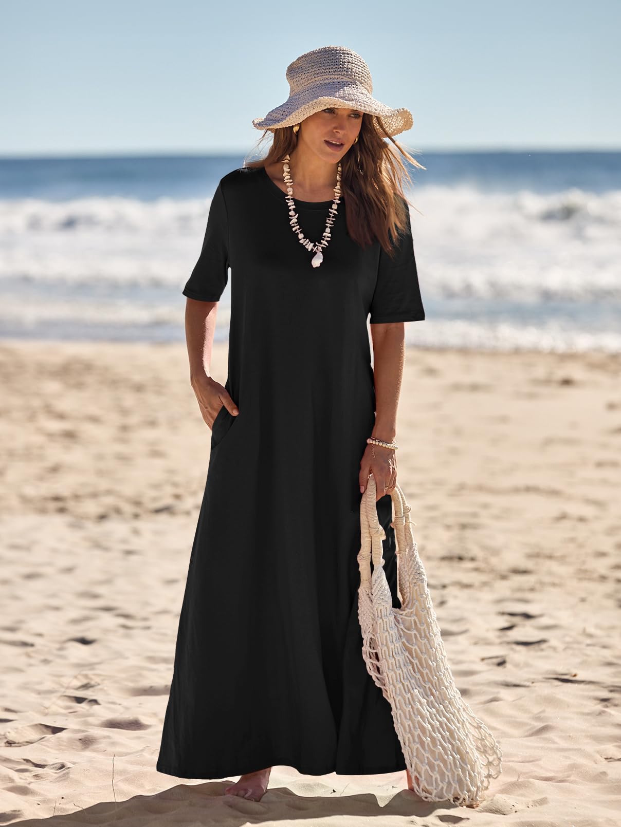 MEROKEETY Women's Summer Maxi Dress - Casual Short Sleeve Crewneck Long T-Shirt Dress for Beach Vacation & Everyday Wear | Perfect for Travel, Date Night, and Outdoor Activities