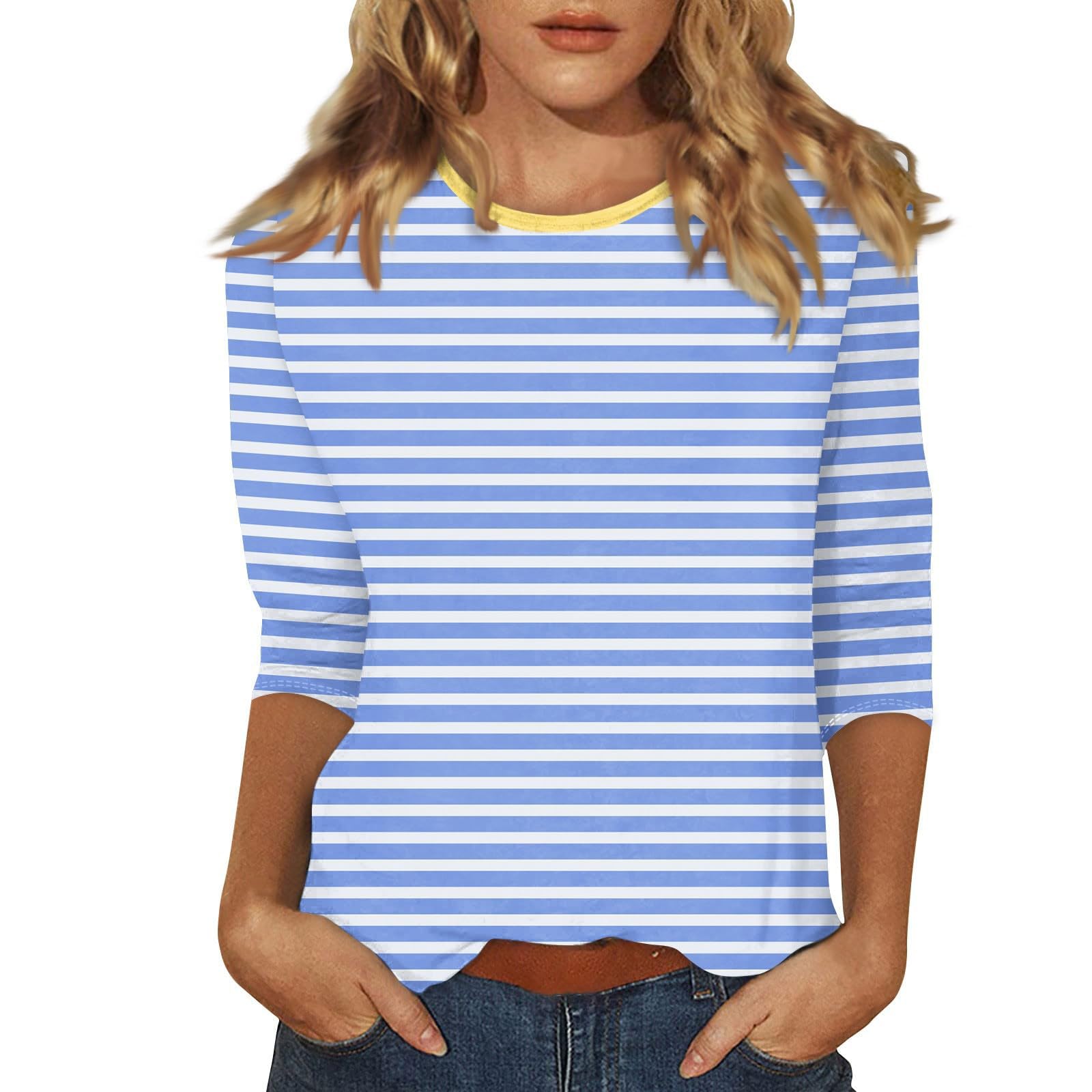 Women's 3/4 Sleeve Crewneck Striped Blouse - Casual & Dressy Printed Tunic Top for Work, Office & Everyday Wear