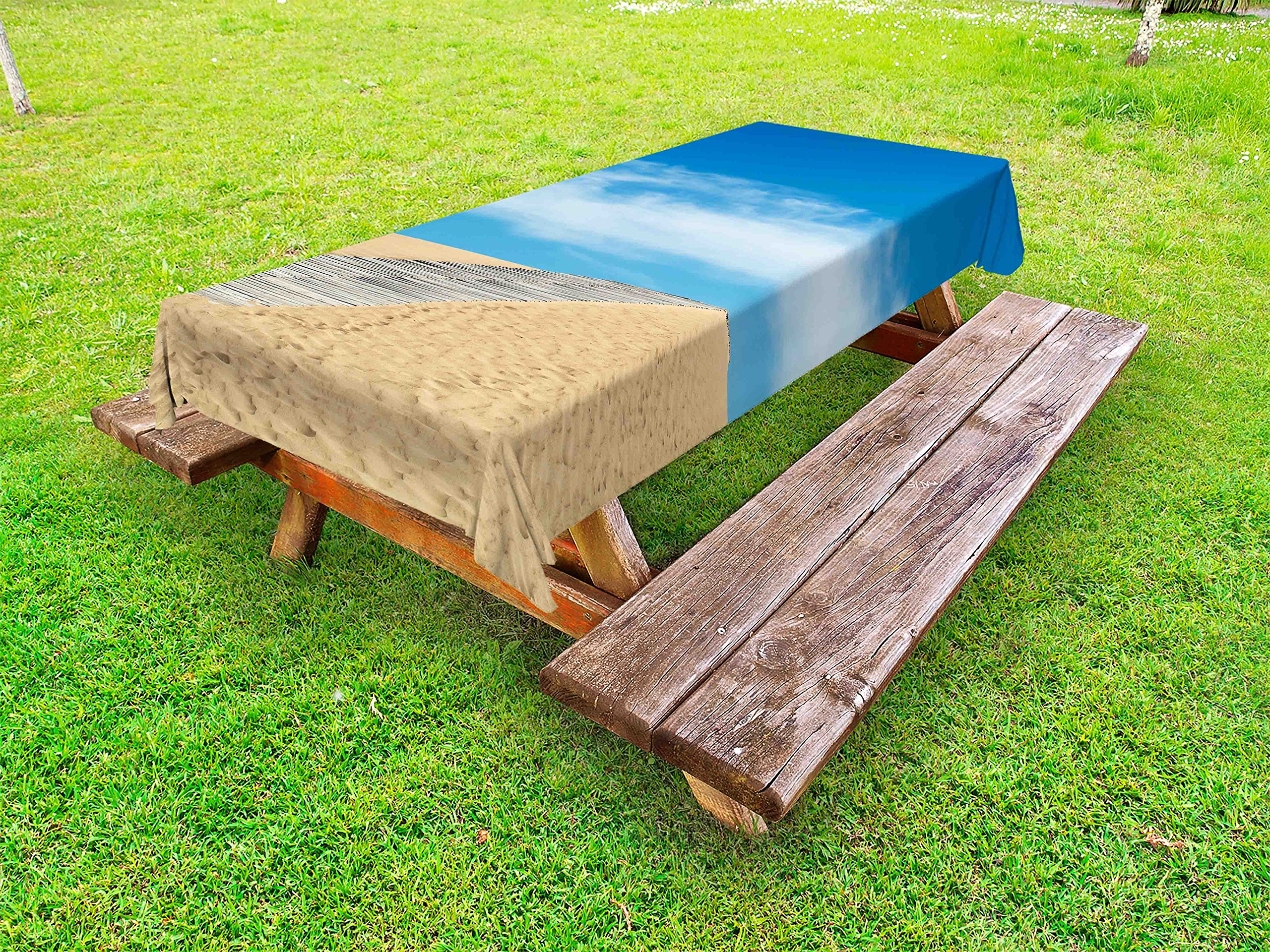 Ambesonne Beach Themed Outdoor Tablecloth - Wooden Path Over Sand Dune Design, Washable Picnic Table Cover 58x84 Inches, Cream Blue - Perfect for Beach Parties, Picnics, Outdoor Dining & Photography Backdrops