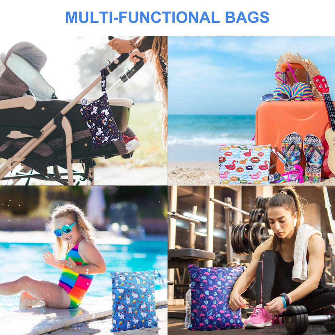 Waterproof Reusable Wet Bag for Diapers, Swimsuits & Toiletries - Washable Travel Gym Yoga Storage Pouch (4 Pack, Flamingo Print, S/M/L) - Perfect for Baby Care, Pool Trips & Sports Activities