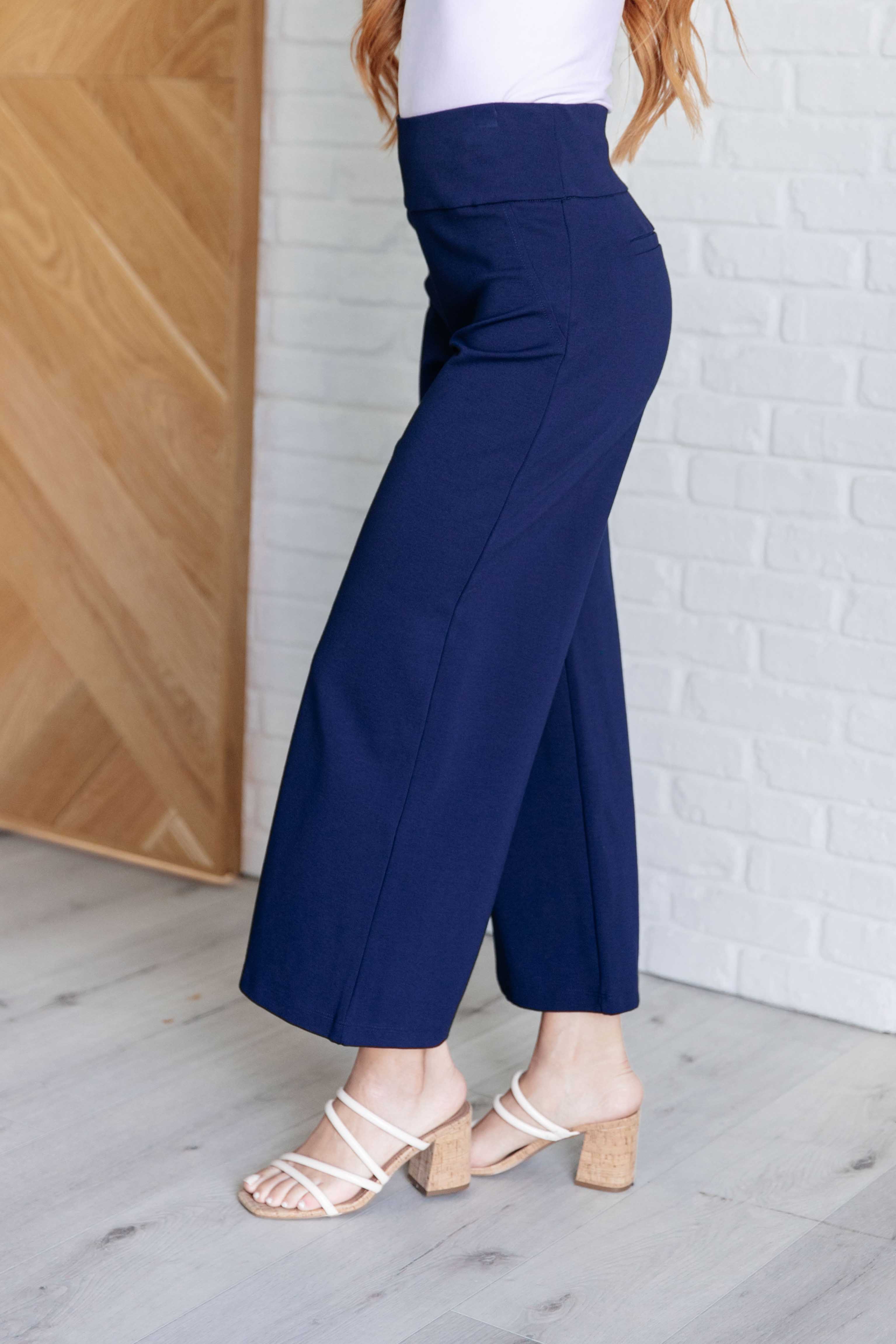 Stylish Navy Blue Magic Wide Leg Crop Pants for Women - Comfortable High Waist Palazzo Trousers for Casual Wear, Office & Summer Outfits