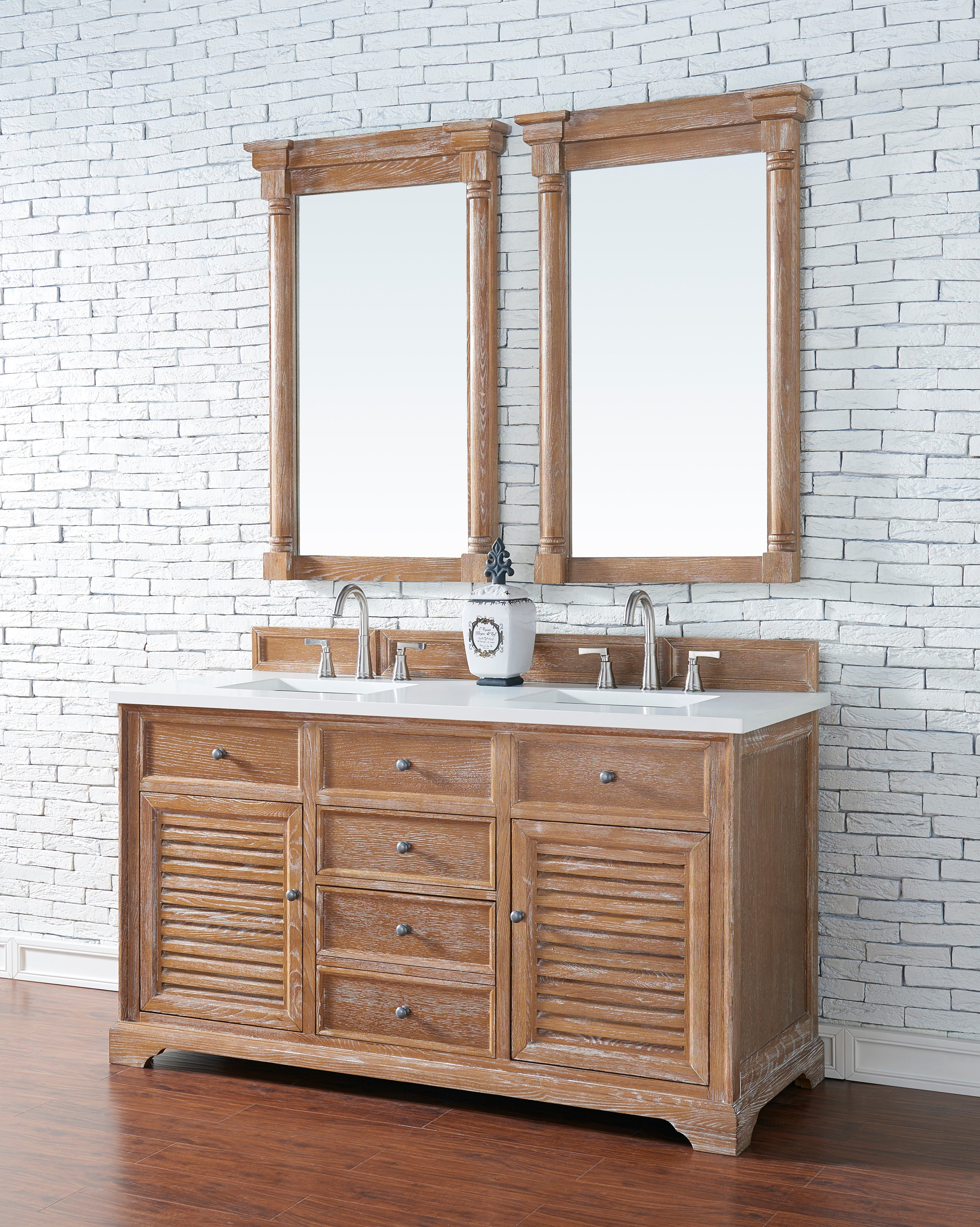 Savannah 60 Inch Double Vanity Cabinet with 3CM Classic White Quartz Top - Driftwood Finish for Bathroom Remodeling | Perfect for Master Bath, Guest Bath & Powder Room