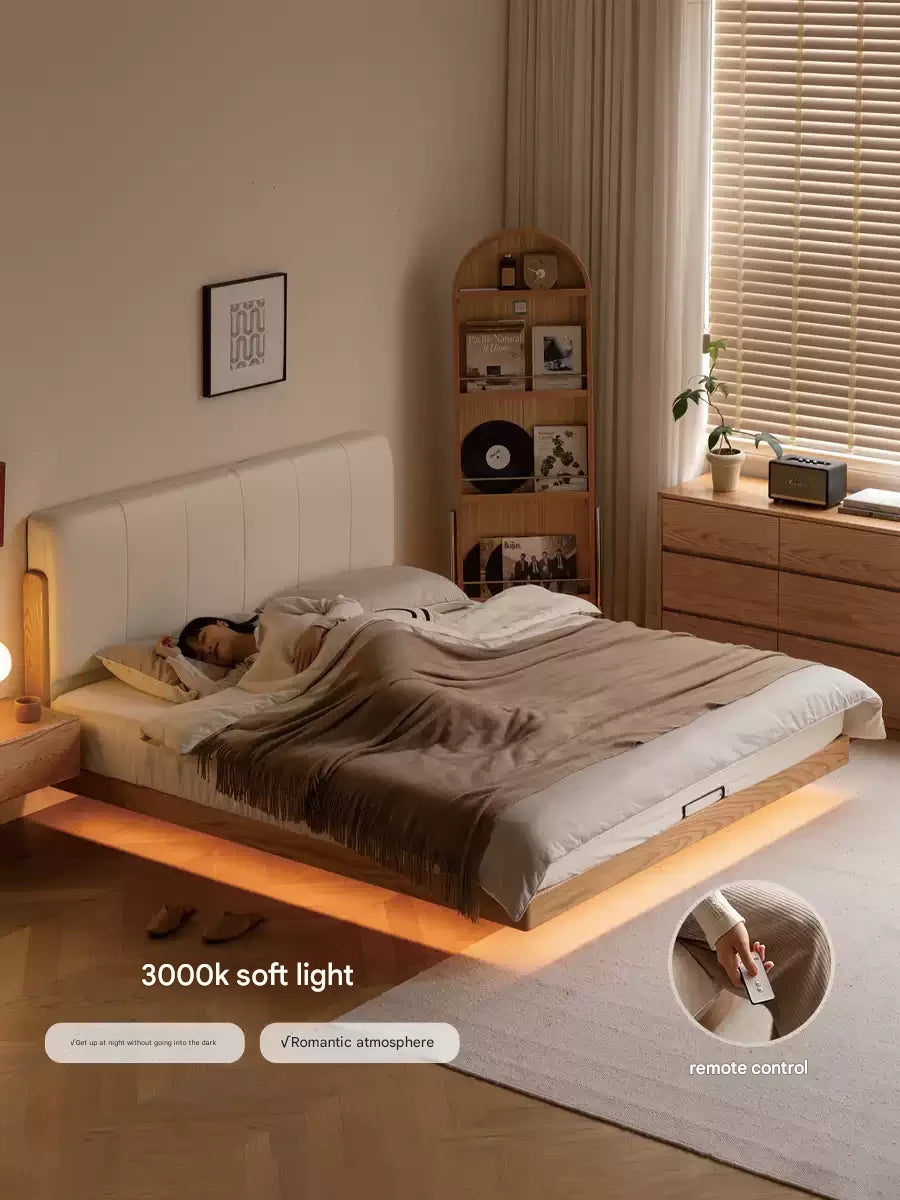 Solid Oak Wood Modern Minimalist Soft Leaning Bed Frame - Queen Size Platform Bed for Bedroom, Guest Room & Small Spaces