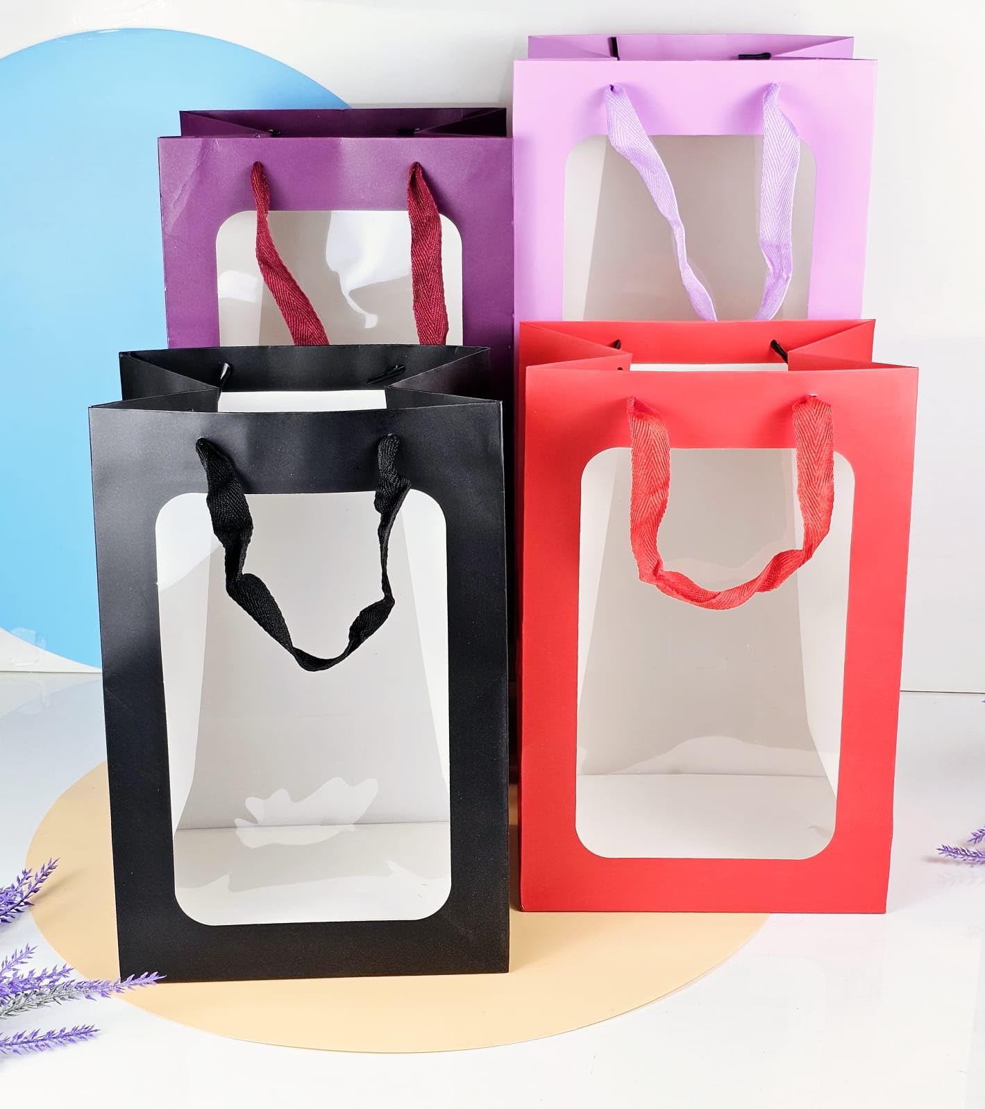 4 Pack Clear Window Gift Bags with Handles - Reusable Hamper, Shopping, Party Favor Bags for Valentine's Day, Birthdays, Weddings & Festive Events - Perfect for Candy, Treats & Small Presents