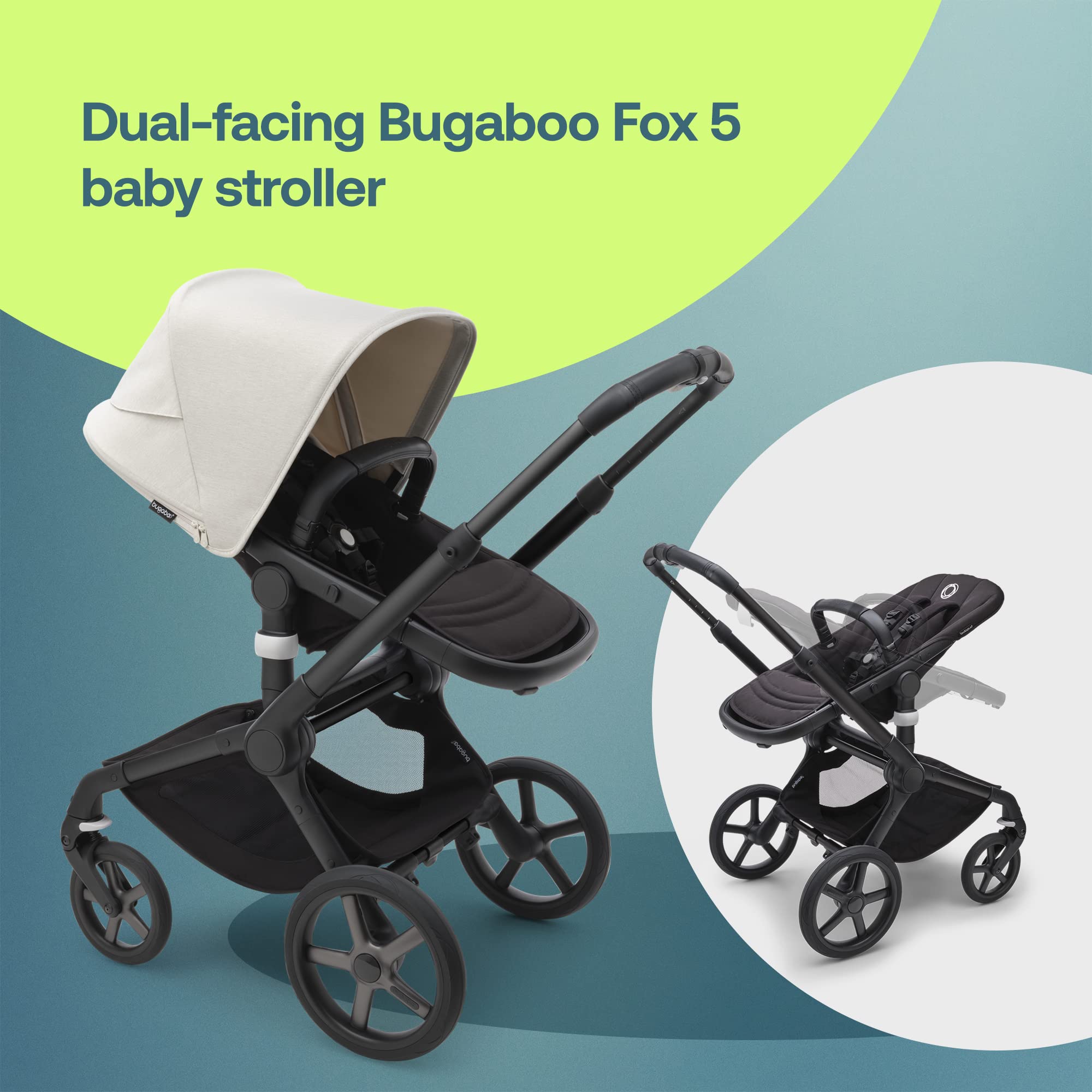 Bugaboo Fox 5 All-Terrain Stroller | 2-in-1 Baby Stroller with Full Suspension & Easy Fold | Spacious Bassinet & Extendable Toddler Seat | One-Handed Maneuverability | Midnight Black-Misty White | Perfect for City Walks, Park Outings & Travel Adventures