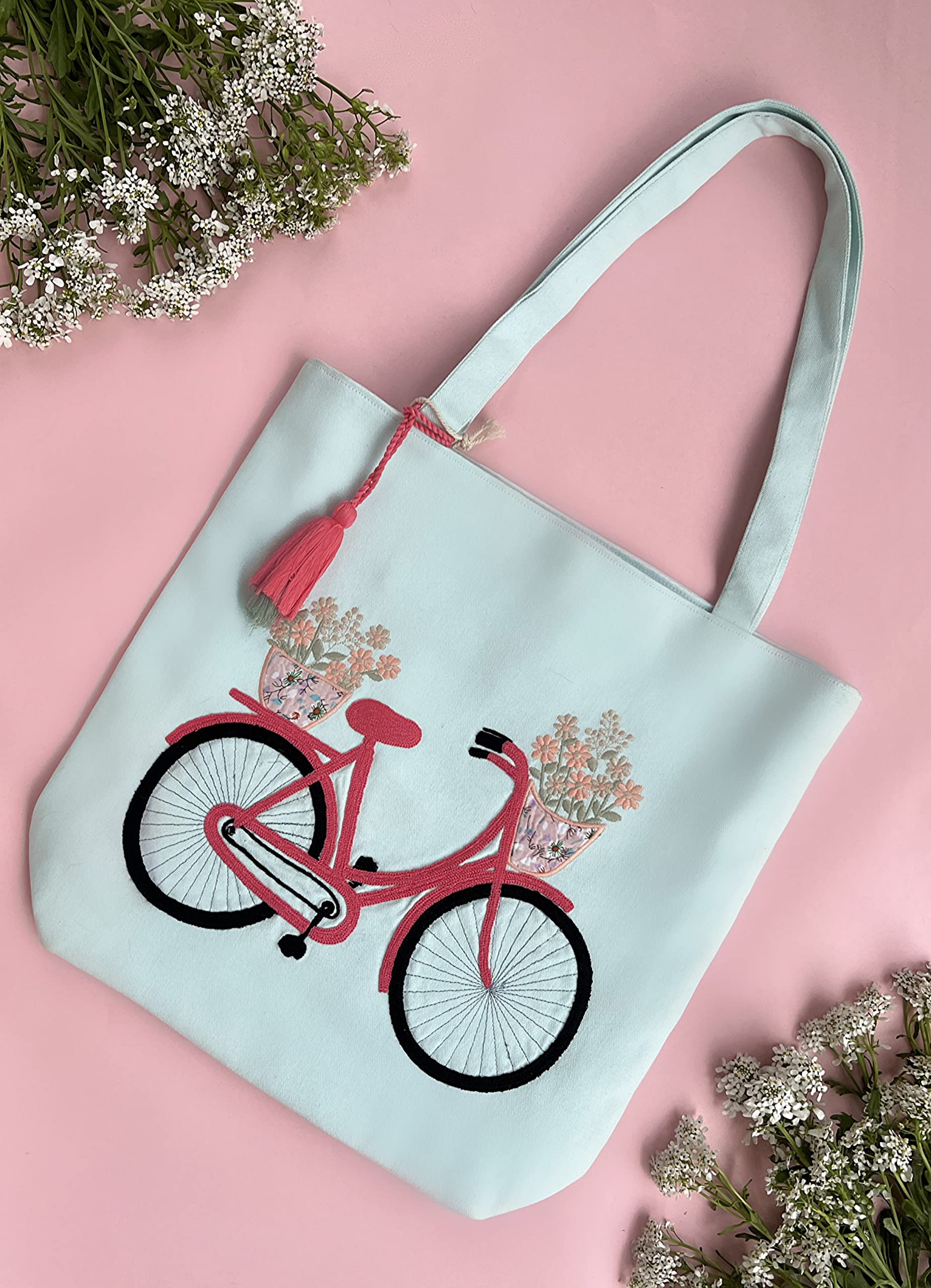 MASQ by Q-one Embroidered Large Cotton Canvas Tote Bag for Women & Girls - Stylish Designer Handbag for College, Work, Travel & Everyday Use