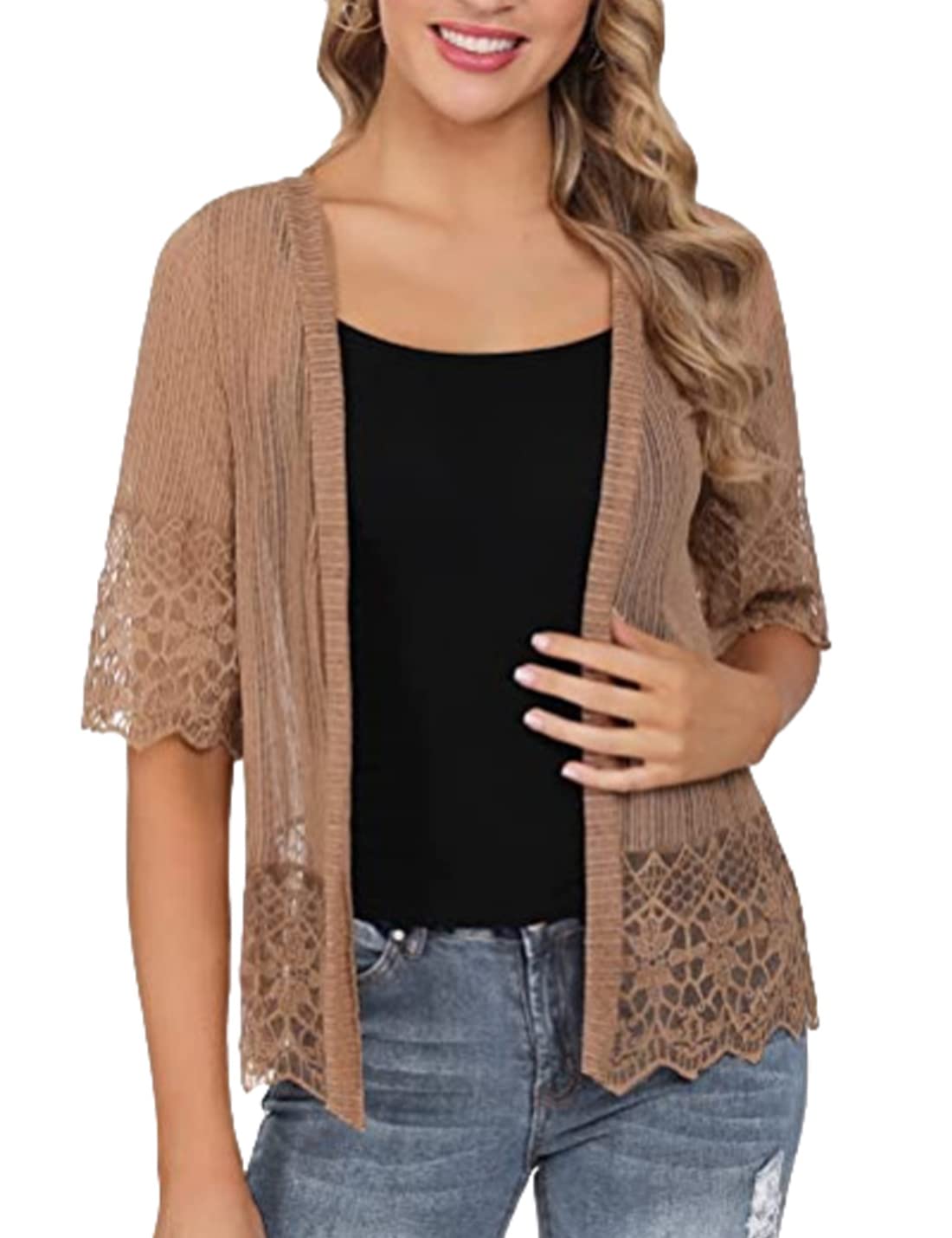 Elegant Women's Lace Cardigan - Casual Half Sleeve Chiffon Sheer Crochet Shrug Cover Up - Perfect for Spring/Summer Outfits, Beach Cover-ups & Evening Wear
