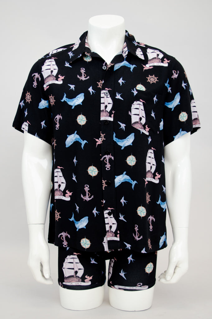 Dino Shirt for Men - Sailor Style Woven Bamboo Design Casual Button Down Shirt | Perfect for Summer Outings, Beach Parties & Retro Fashion