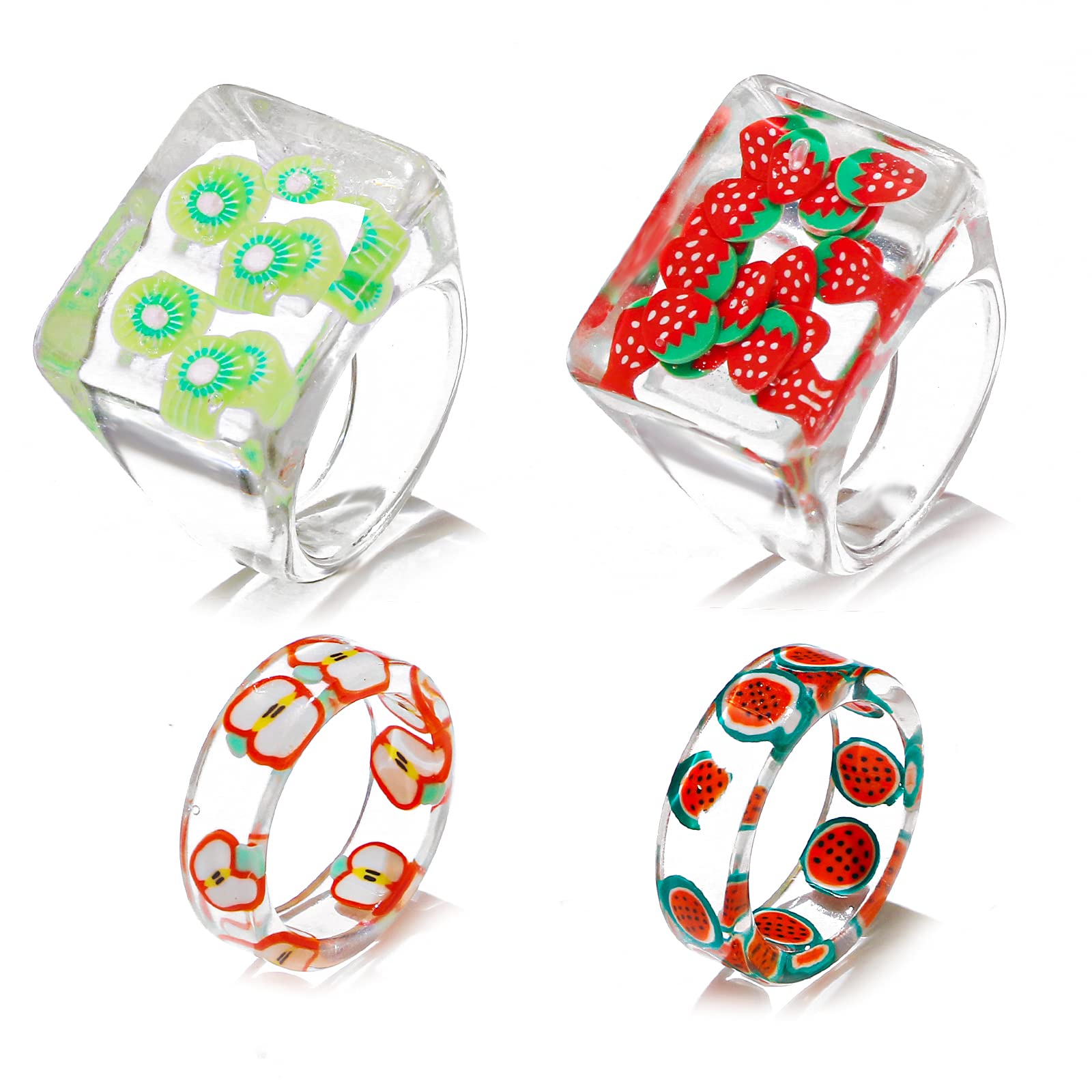 4-12 Pcs Colorful Resin Fruit Rings Set - Transparent Strawberry, Kiwi, Lemon, Apple, Grape, Pitaya, Grapefruit, Orange & Watermelon Stackable Knuckle Rings for Women & Teen Girls - Perfect for Parties, Gifts & Everyday Fashion Accessories