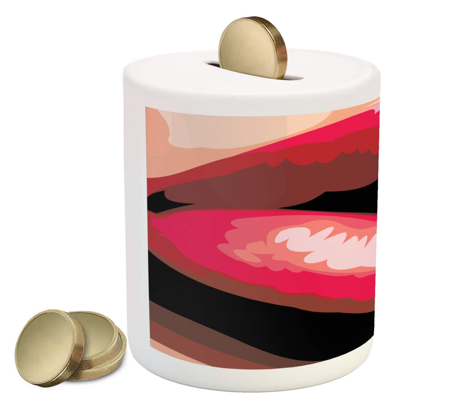 Ambesonne Retro Piggy Bank - Ceramic Coin Bank with Woman's Lips Art Print, Red Lipstick Design for Cash Saving | Unique Gift for Collectors, Home Decor, Office & Kids Room
