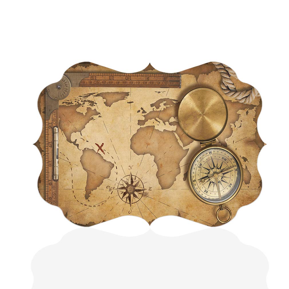 Aged Treasure Map Wall Decor - Vintage Rope & Compass Notebook Art Picture Frame - Benelux Shape 18x12 Inches - Perfect for Living Room, Bedroom, Office & Coastal Themed Home Decor