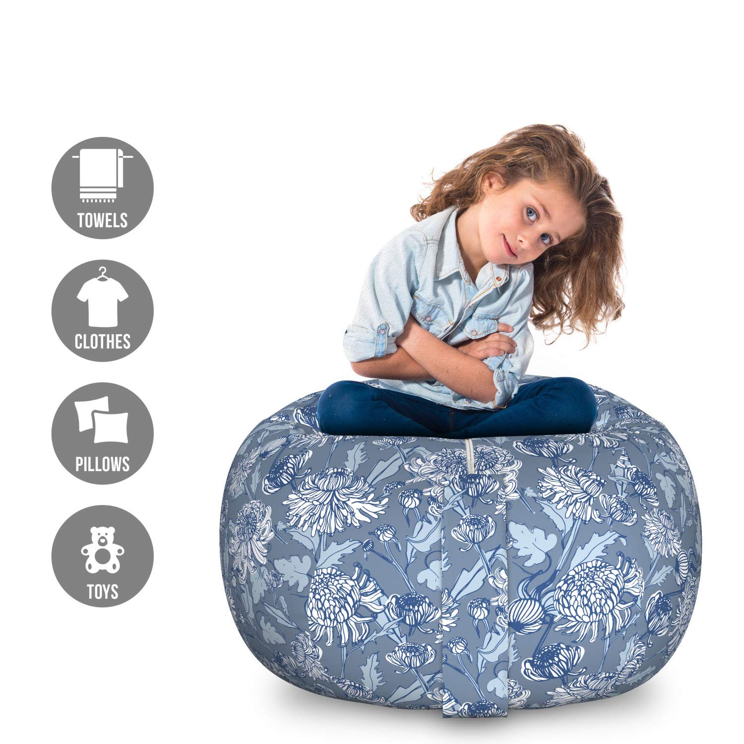Ambesonne Floral Toy Storage Bag Chair - Large Washable Stuffed Animal Organizer with Chrysanthemum Sketch Design in Blue Grey Slate | Perfect for Kids' Room, Nursery Organization & Playroom Decor