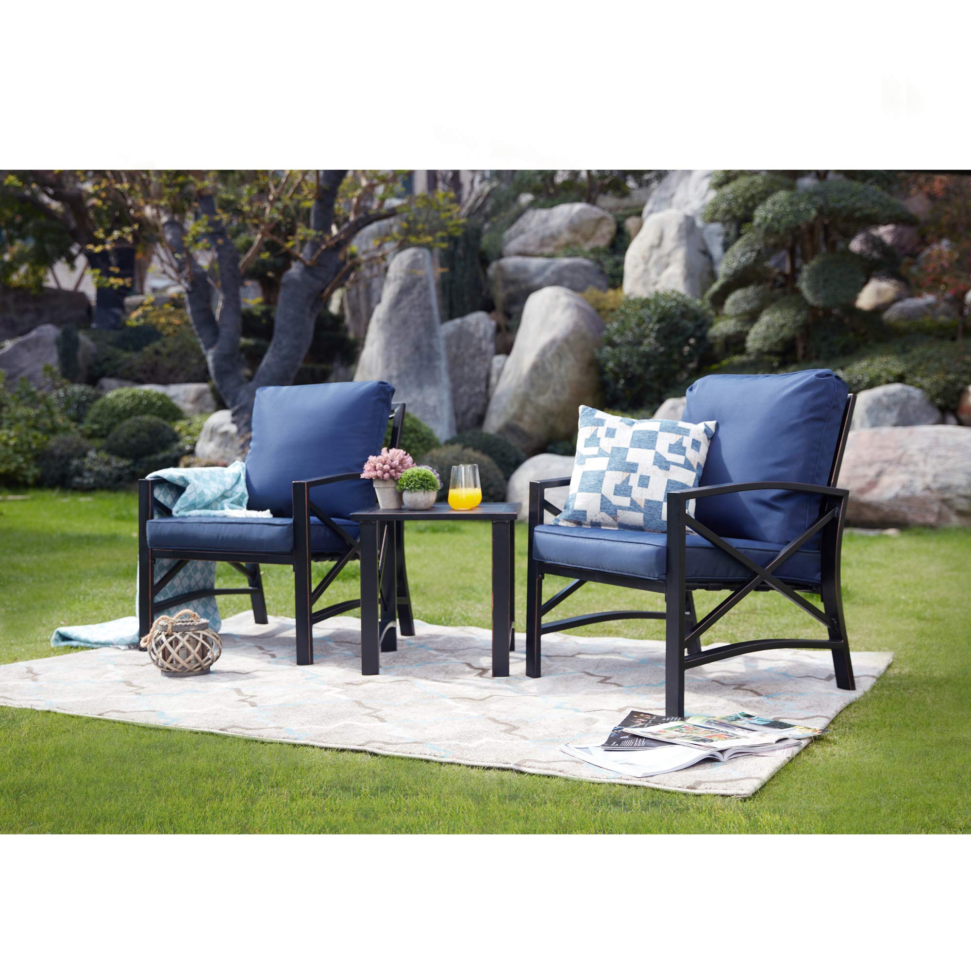 LOKATSE HOME 3-Piece Outdoor Patio Furniture Set - Metal Bistro Chairs with Cushions & Table in Blue | Perfect for Garden, Backyard, Poolside & Balcony Relaxation