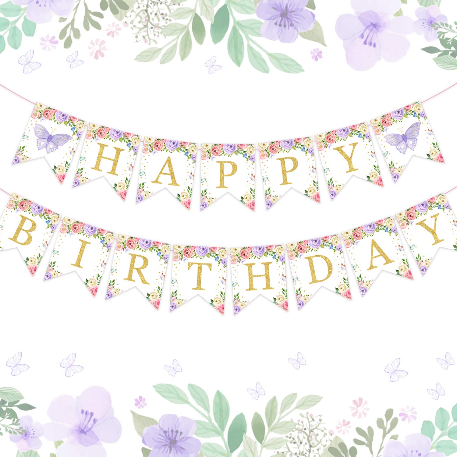 Butterfly Floral Birthday Banner - Pink & Purple 1st 2nd 3rd Birthday Party Decorations for Girls, Women - Fairy Garden Theme Birthday Supplies for Baby Shower, Kids Party, Nursery Decor